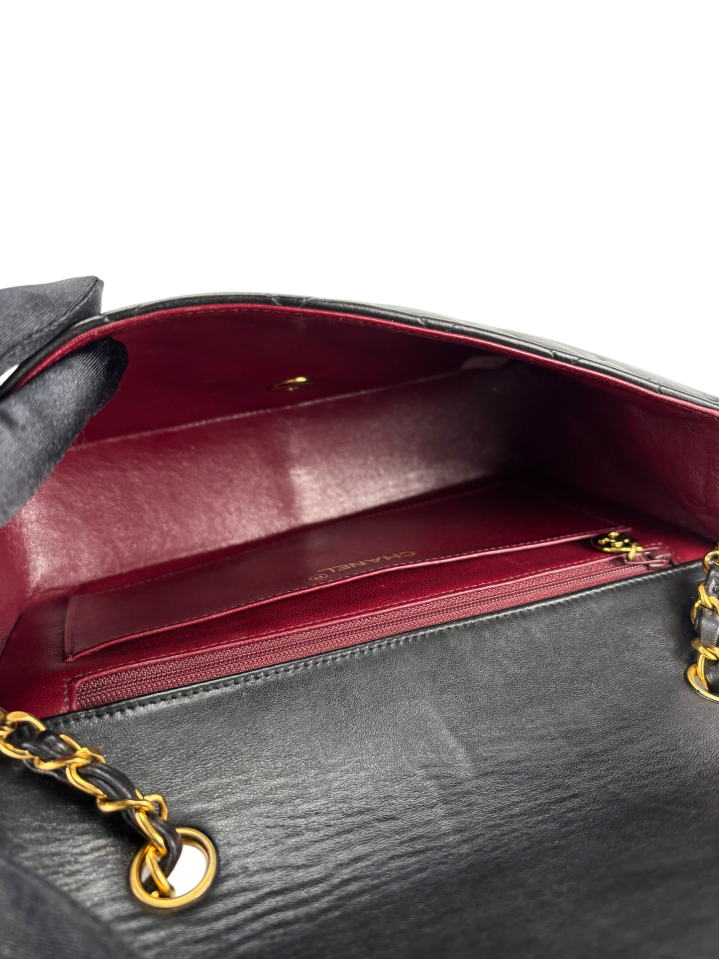 CHANEL - Black Lambskin Chanel Matelasse Single Flap Single Chain Bag Diana Flap Black Gold Hardware