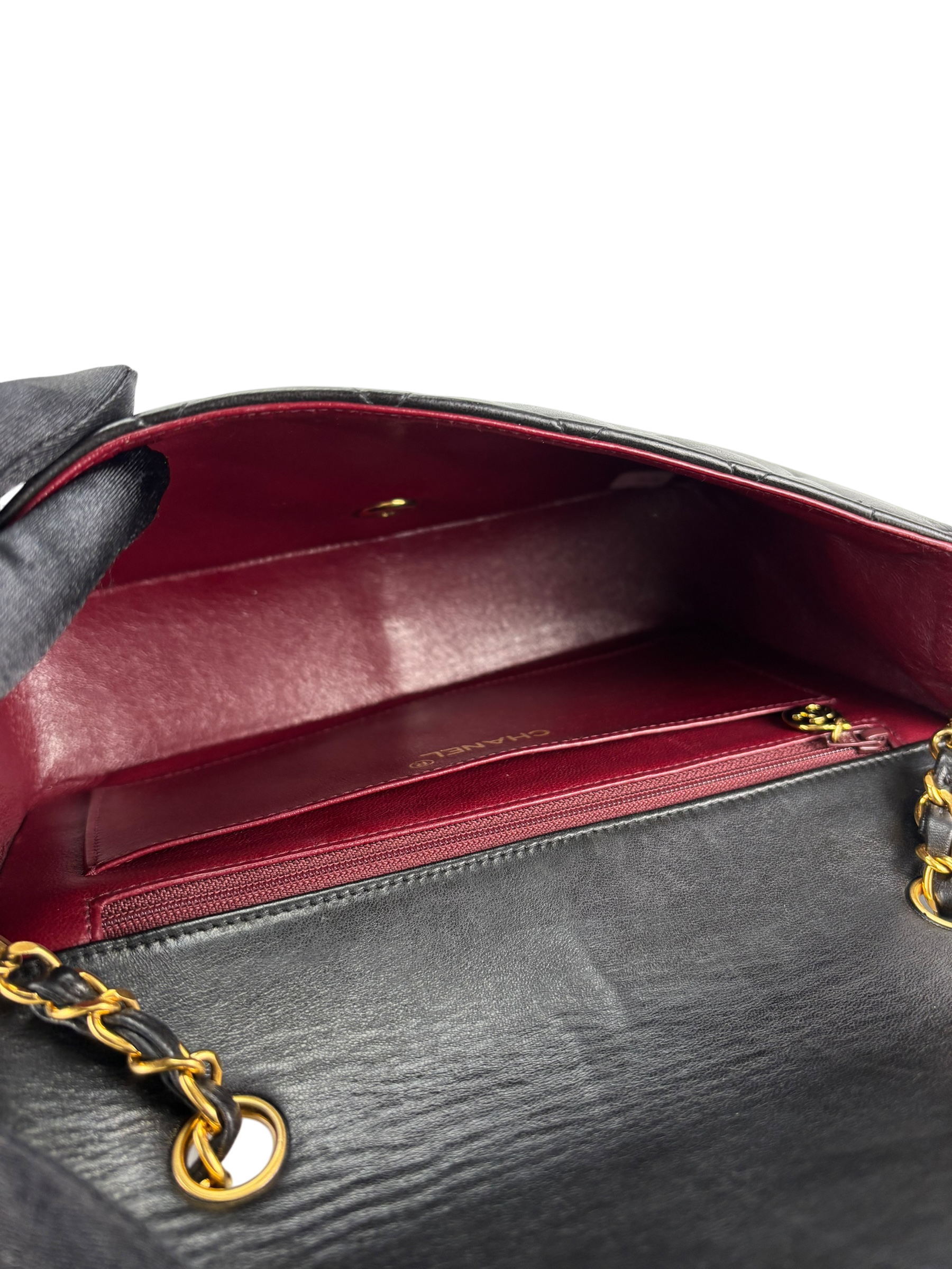 CHANEL - Black Lambskin Chanel Matelasse Single Flap Single Chain Bag Diana Flap Black Gold Hardware