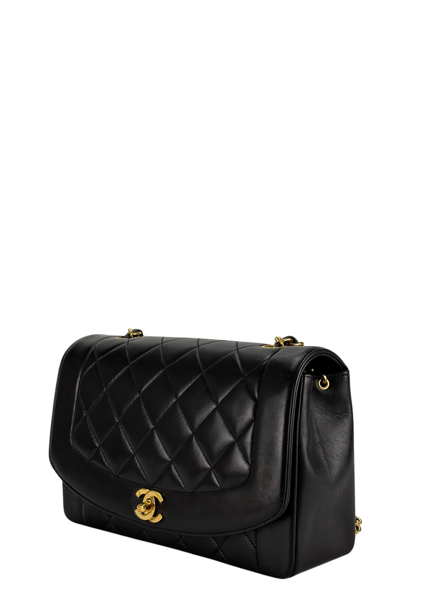 CHANEL - Black Lambskin Chanel Matelasse Single Flap Single Chain Bag Diana Flap Black Gold Hardware