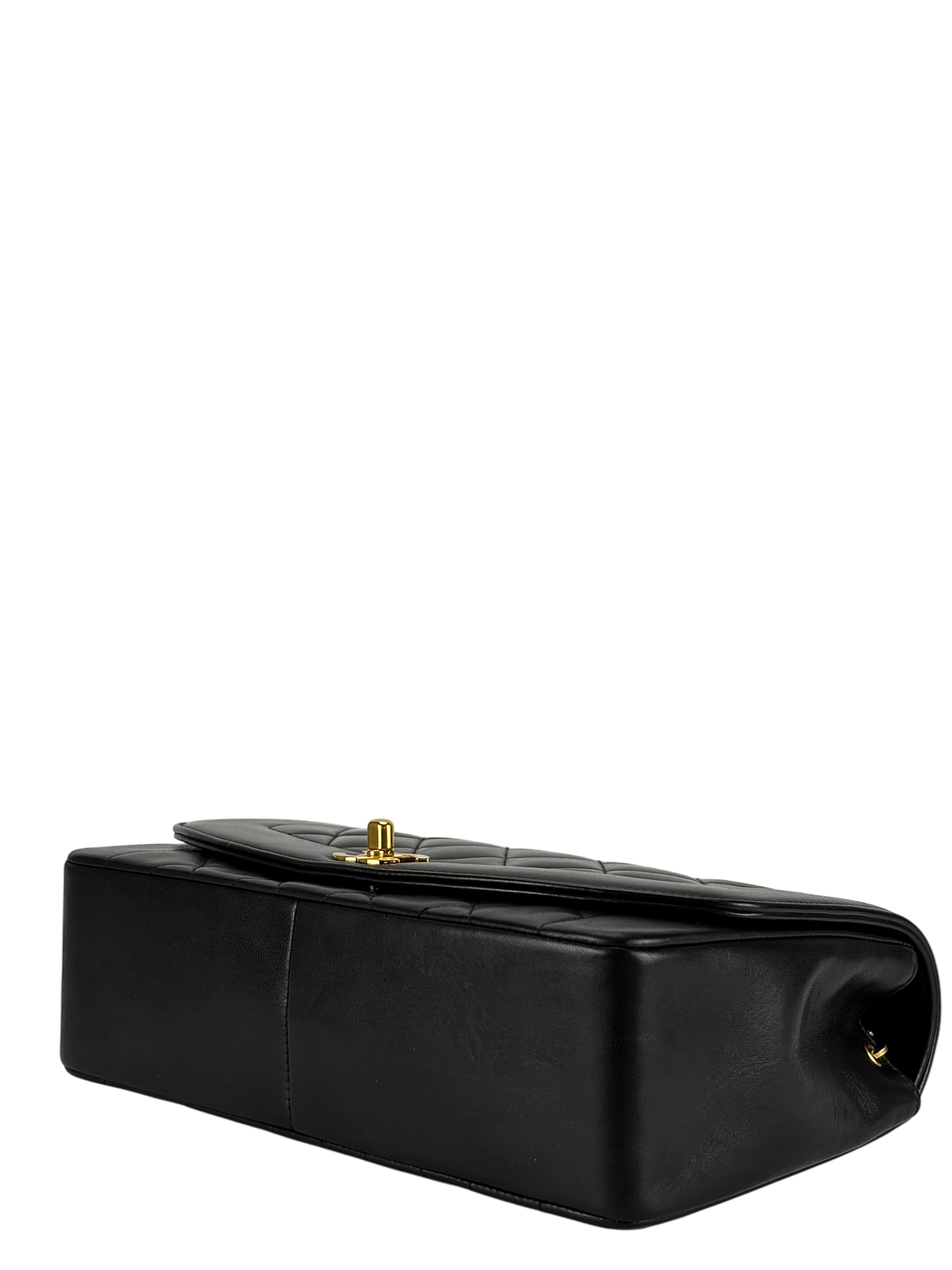 CHANEL - Black Lambskin Chanel Matelasse Single Flap Single Chain Bag Diana Flap Black Gold Hardware