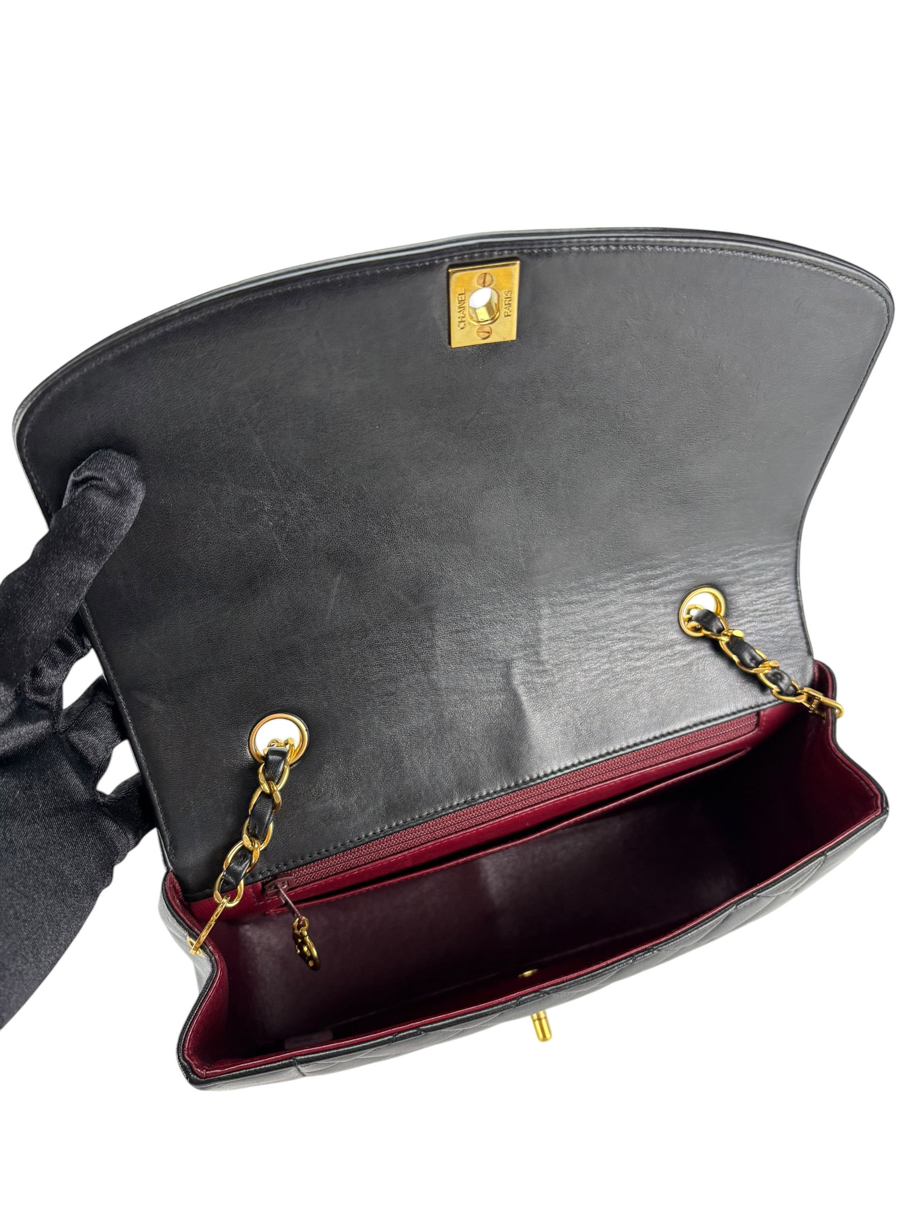 CHANEL - Black Lambskin Chanel Matelasse Single Flap Single Chain Bag Diana Flap Black Gold Hardware