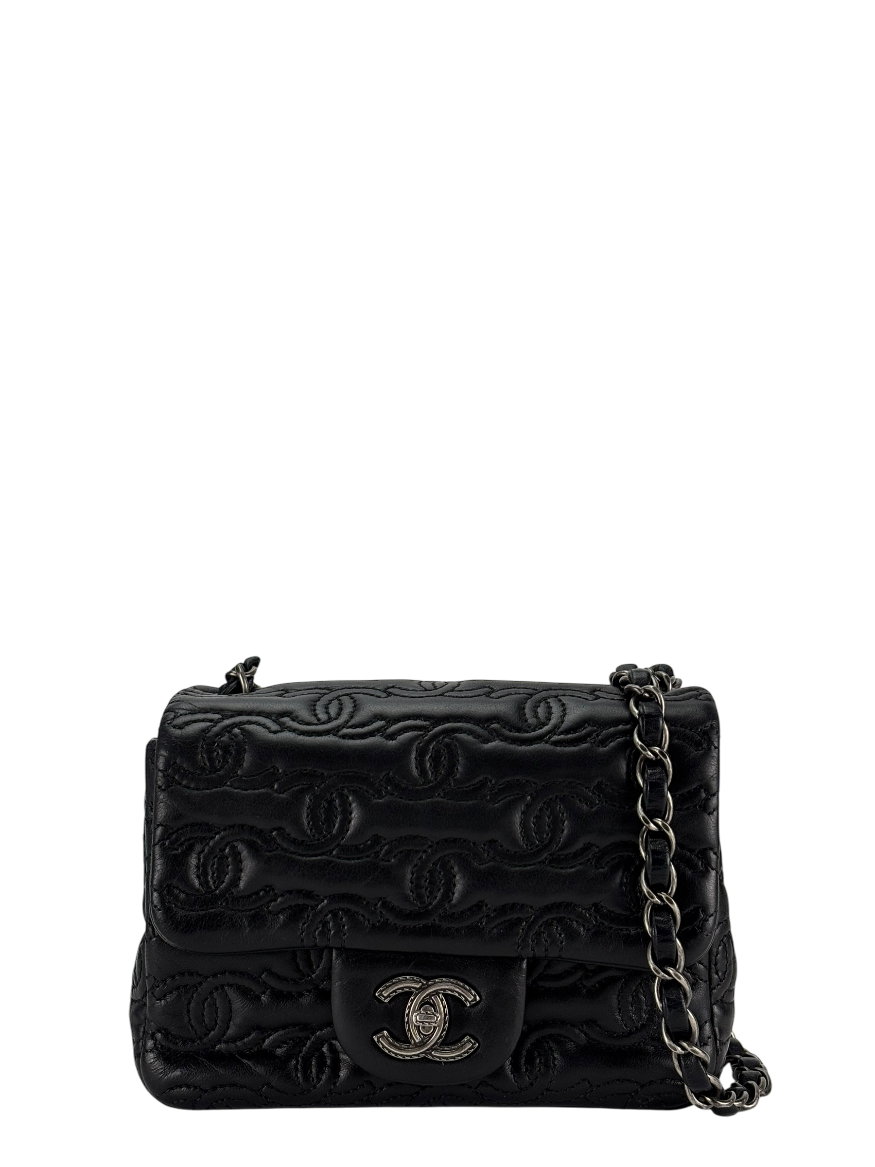 CHANEL - Black Calfskin Square 17 Embroidered CC Leather Mini Square Classic Flap Bag