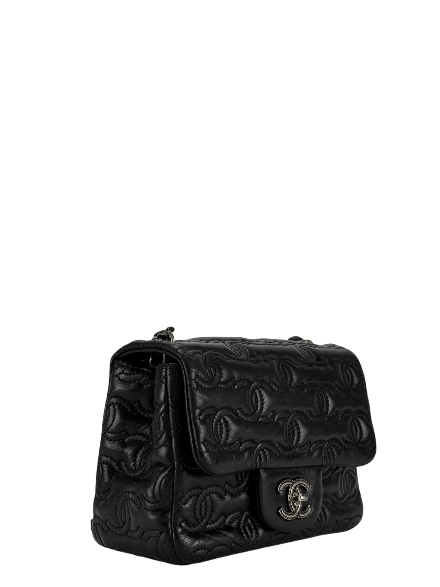 CHANEL - Black Calfskin Square 17 Embroidered CC Leather Mini Square Classic Flap Bag