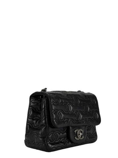 CHANEL - Black Calfskin Square 17 Embroidered CC Leather Mini Square Classic Flap Bag