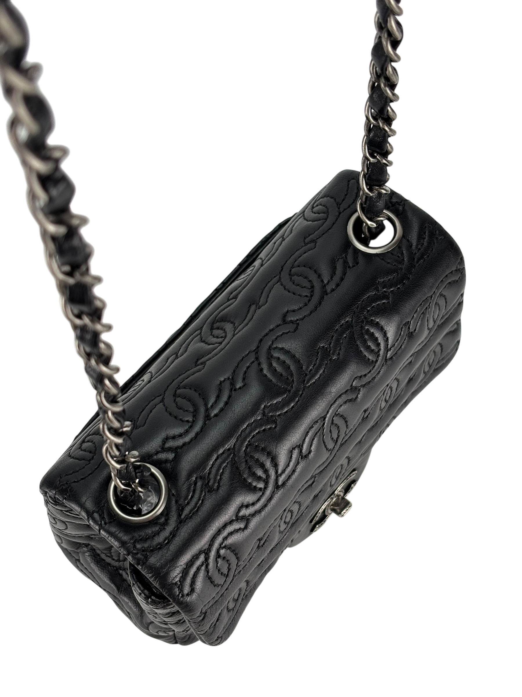 CHANEL - Black Calfskin Square 17 Embroidered CC Leather Mini Square Classic Flap Bag