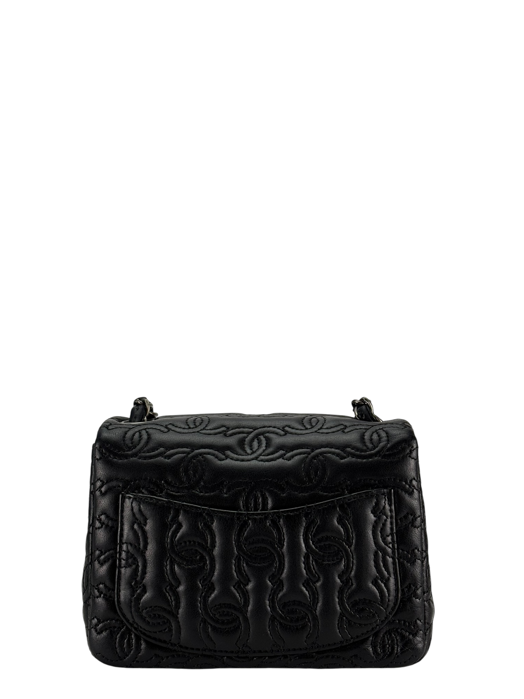 CHANEL - Black Calfskin Square 17 Embroidered CC Leather Mini Square Classic Flap Bag