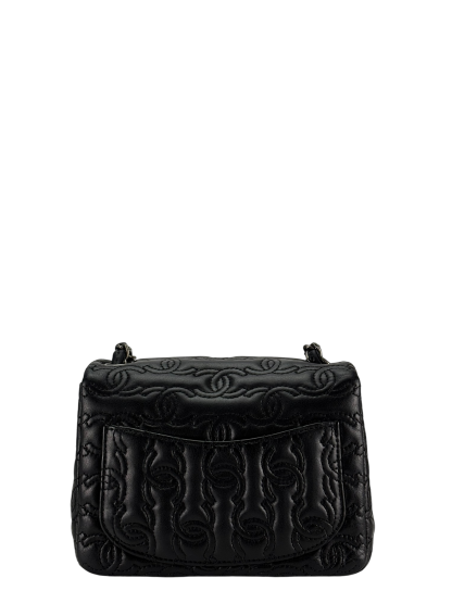 CHANEL - Black Calfskin Square 17 Embroidered CC Leather Mini Square Classic Flap Bag