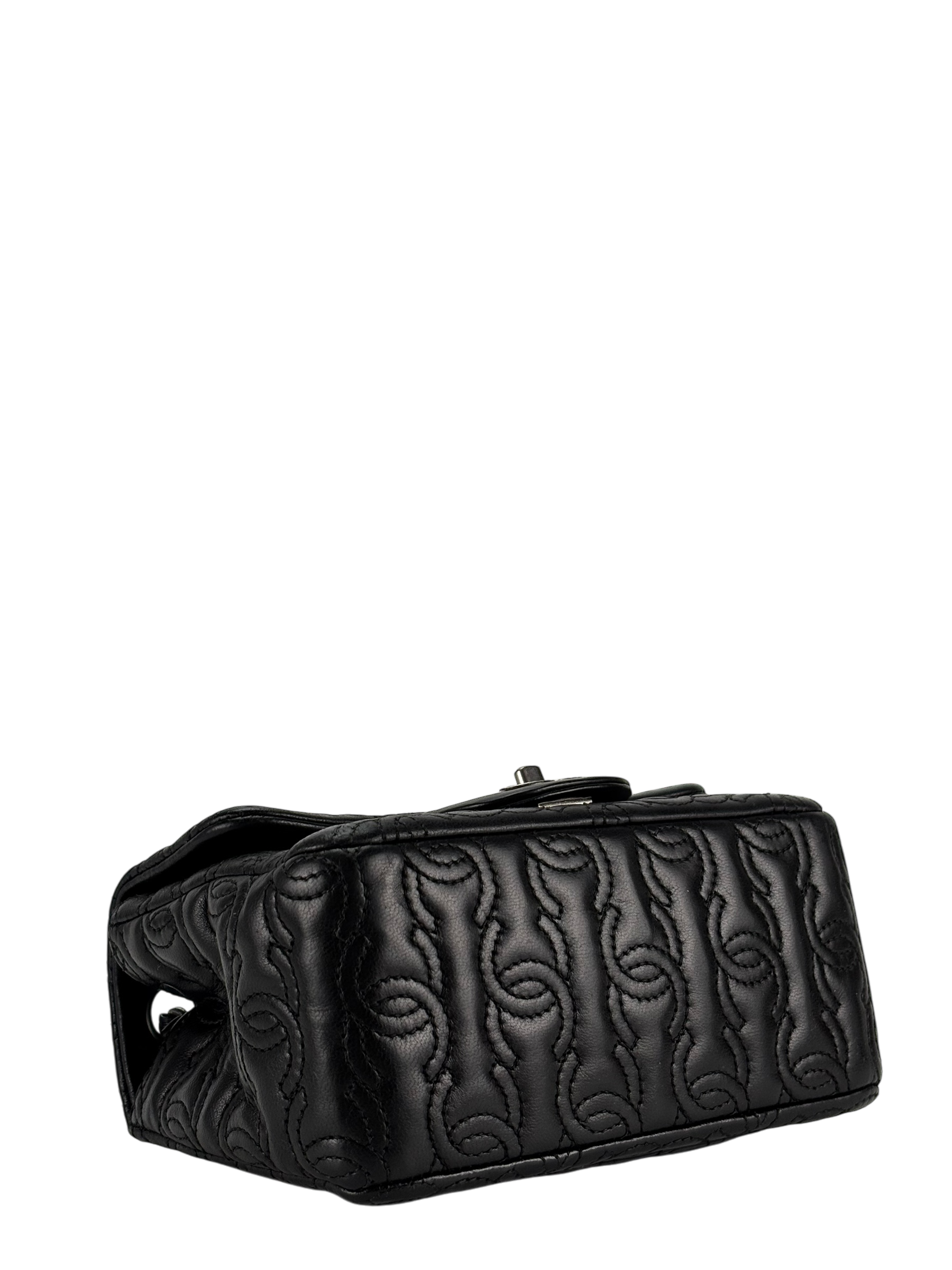 CHANEL - Black Calfskin Square 17 Embroidered CC Leather Mini Square Classic Flap Bag