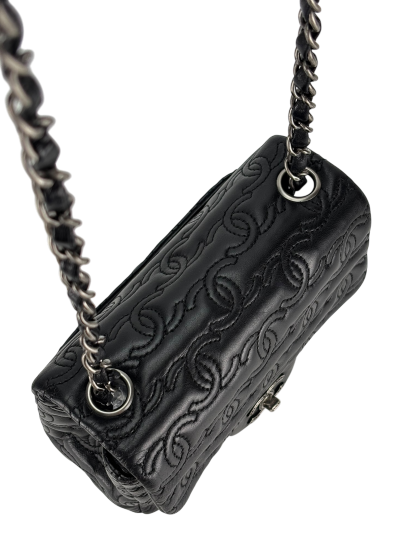 CHANEL - Black Calfskin Square 17 Embroidered CC Leather Mini Square Classic Flap Bag