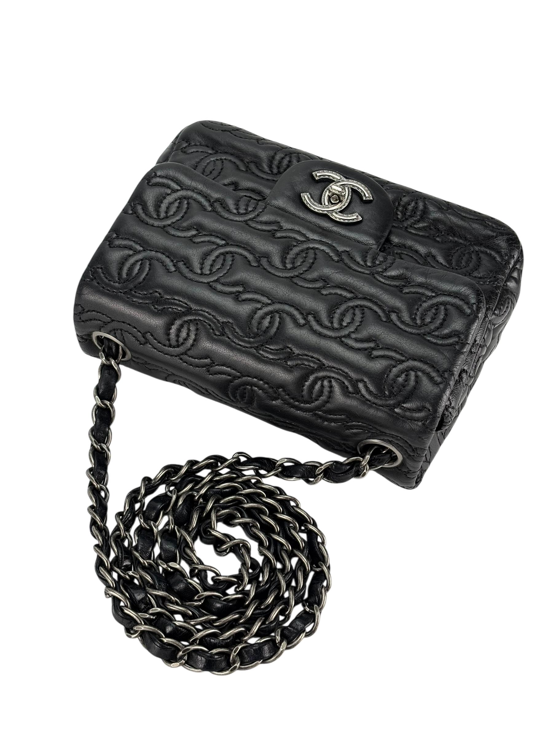 CHANEL - Black Calfskin Square 17 Embroidered CC Leather Mini Square Classic Flap Bag