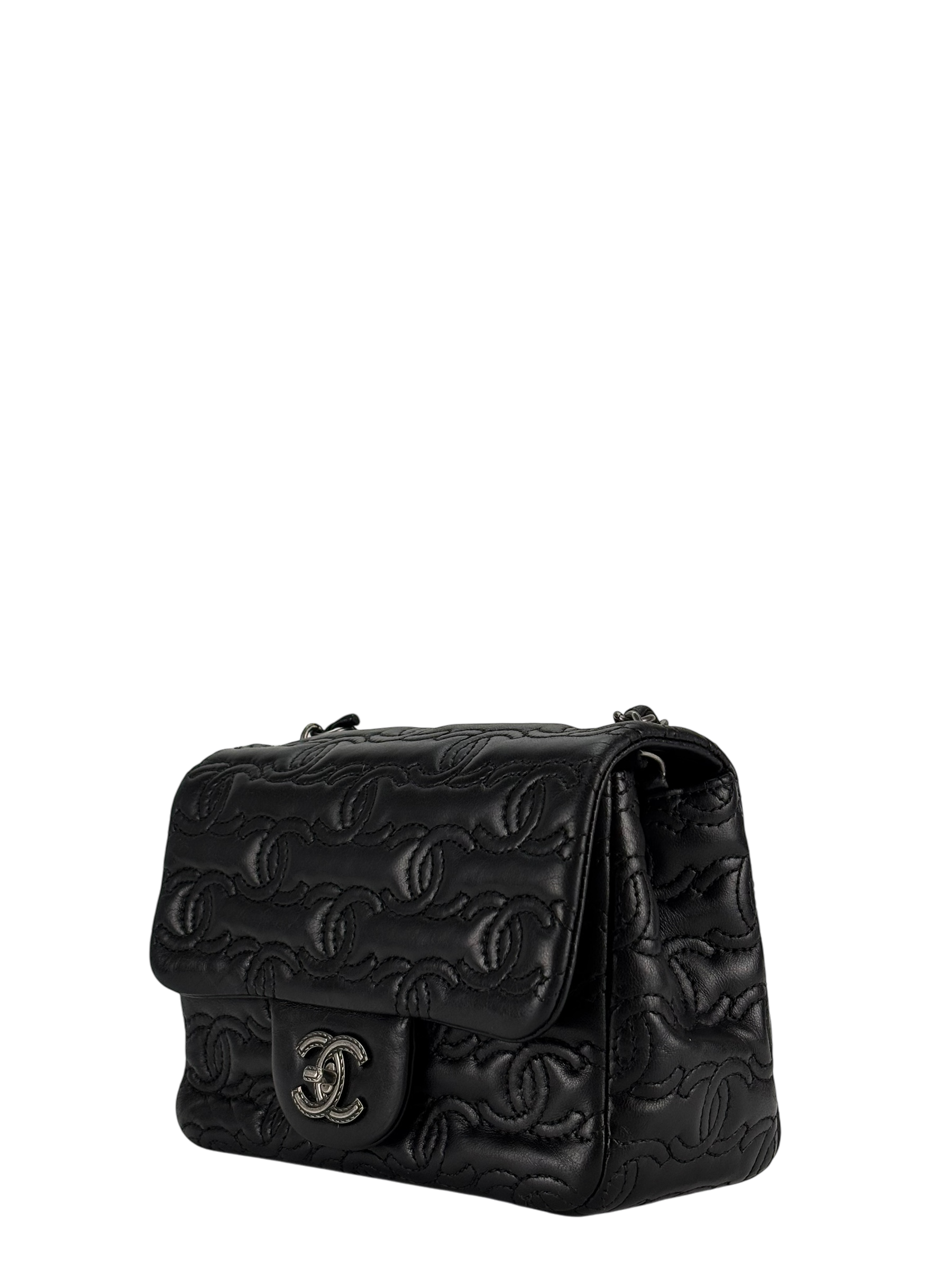 CHANEL - Black Calfskin Square 17 Embroidered CC Leather Mini Square Classic Flap Bag