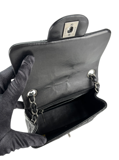 CHANEL - Black Calfskin Square 17 Embroidered CC Leather Mini Square Classic Flap Bag