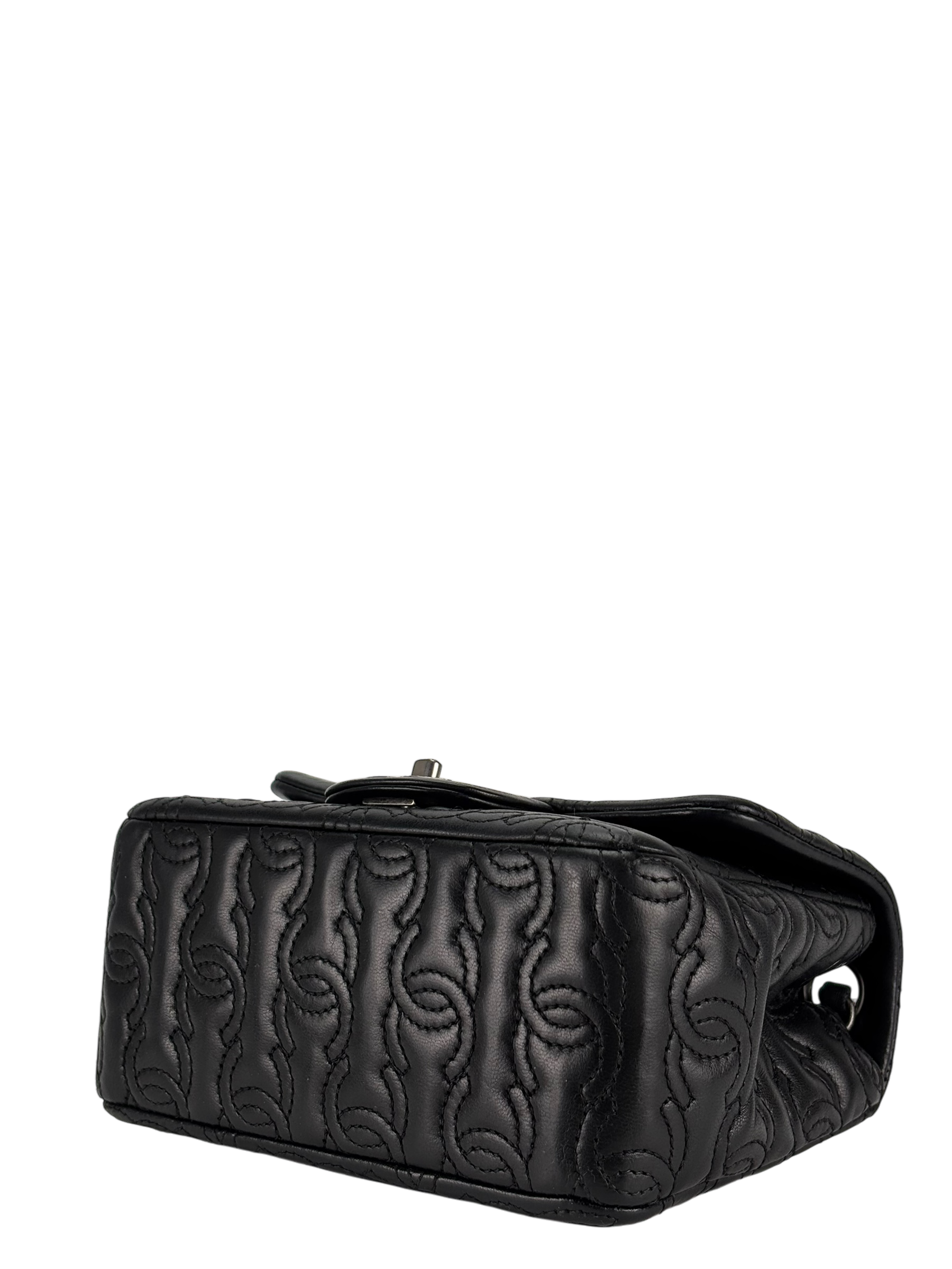 CHANEL - Black Calfskin Square 17 Embroidered CC Leather Mini Square Classic Flap Bag