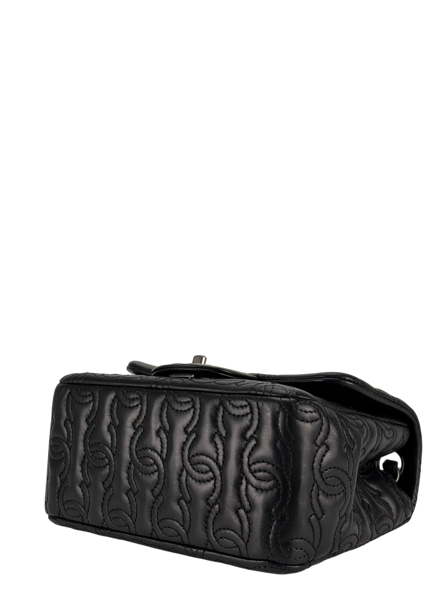 CHANEL - Black Calfskin Square 17 Embroidered CC Leather Mini Square Classic Flap Bag