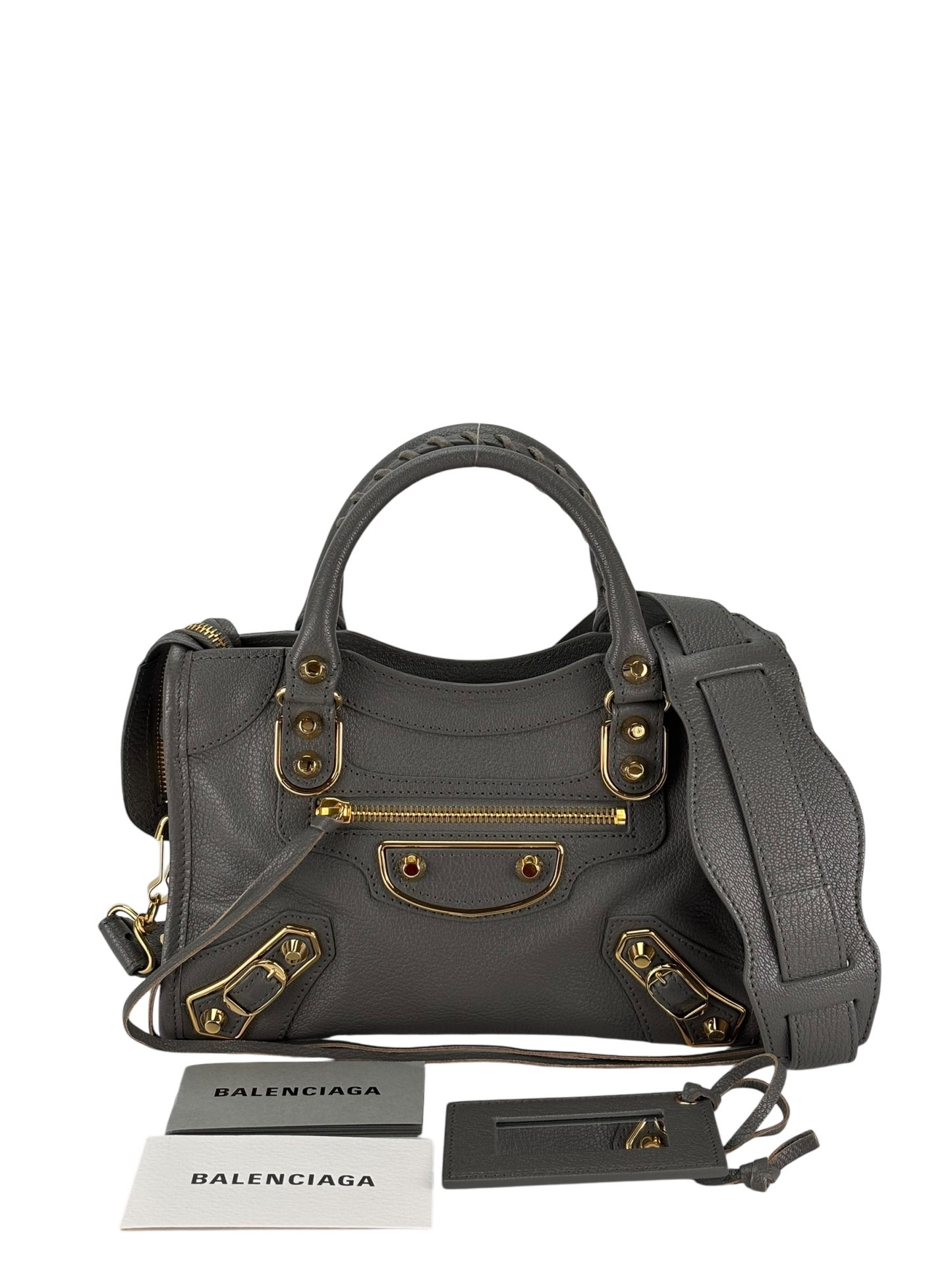 BALENCIAGA - Grey Calfskin Classic City Mini 2way Bag Gold Hardware