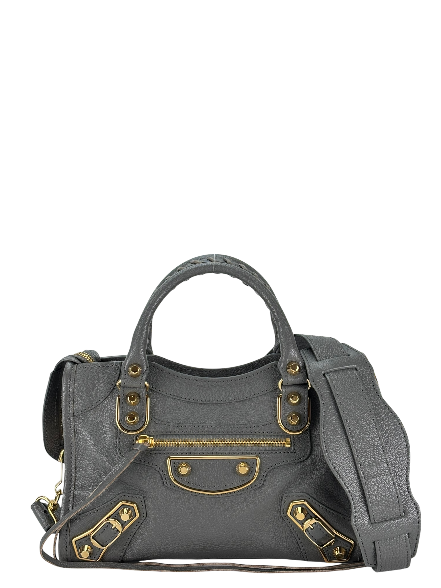 BALENCIAGA - Grey Calfskin Classic City Mini 2way Bag Gold Hardware