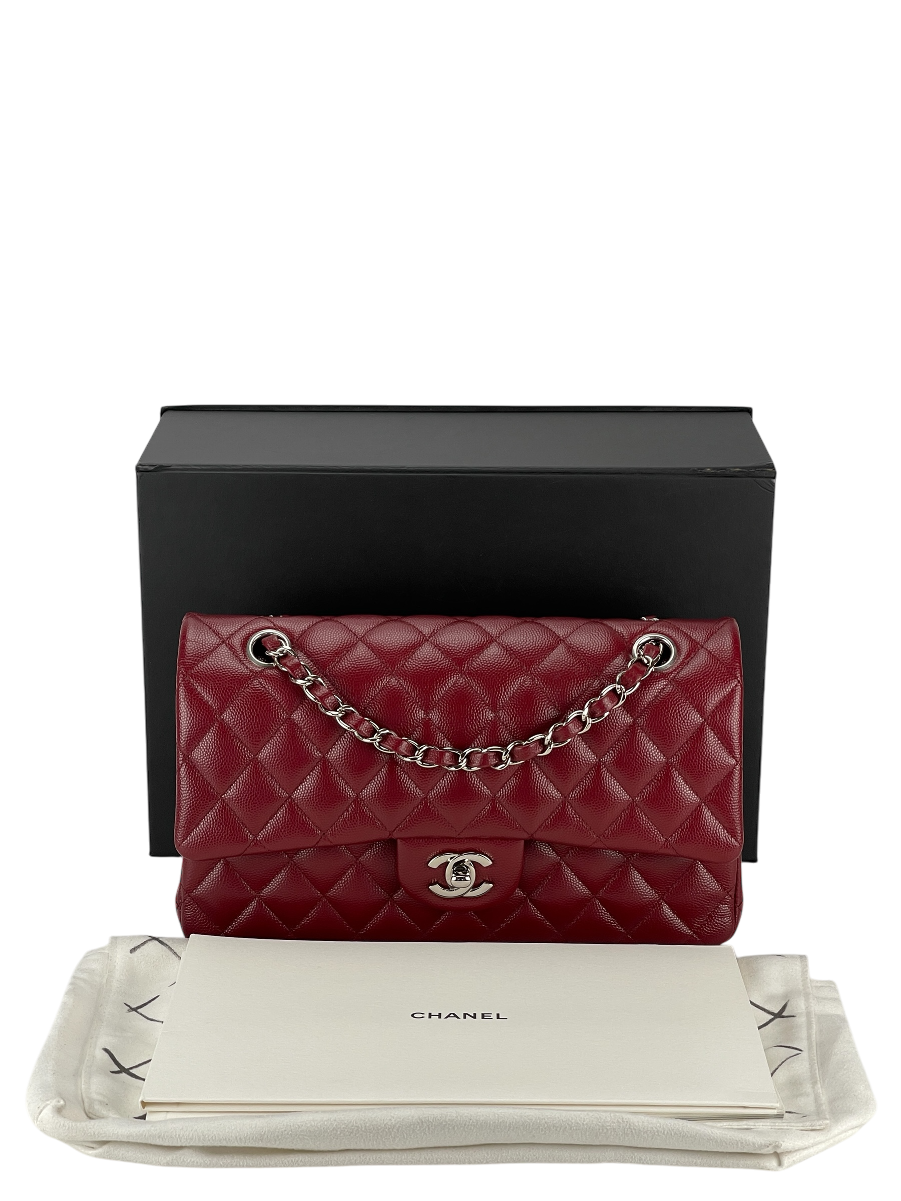 CHANEL - Medium Classic Double Flap Bag Red Caviar Sliver Hardware (CF25)