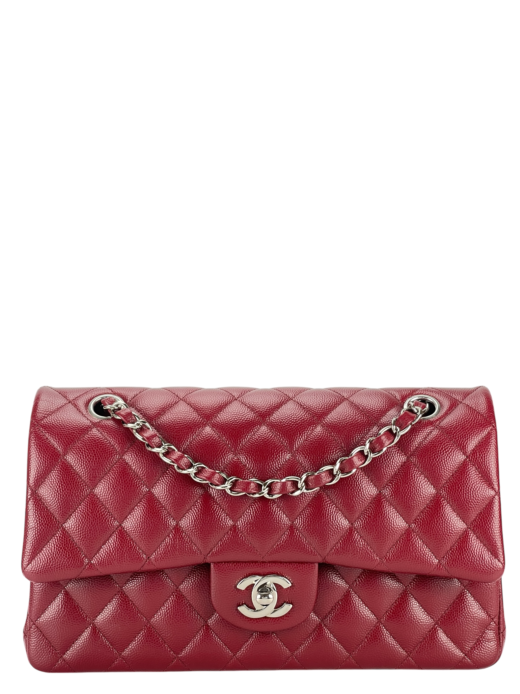 CHANEL - Medium Classic Double Flap Bag Red Caviar Sliver Hardware (CF25)