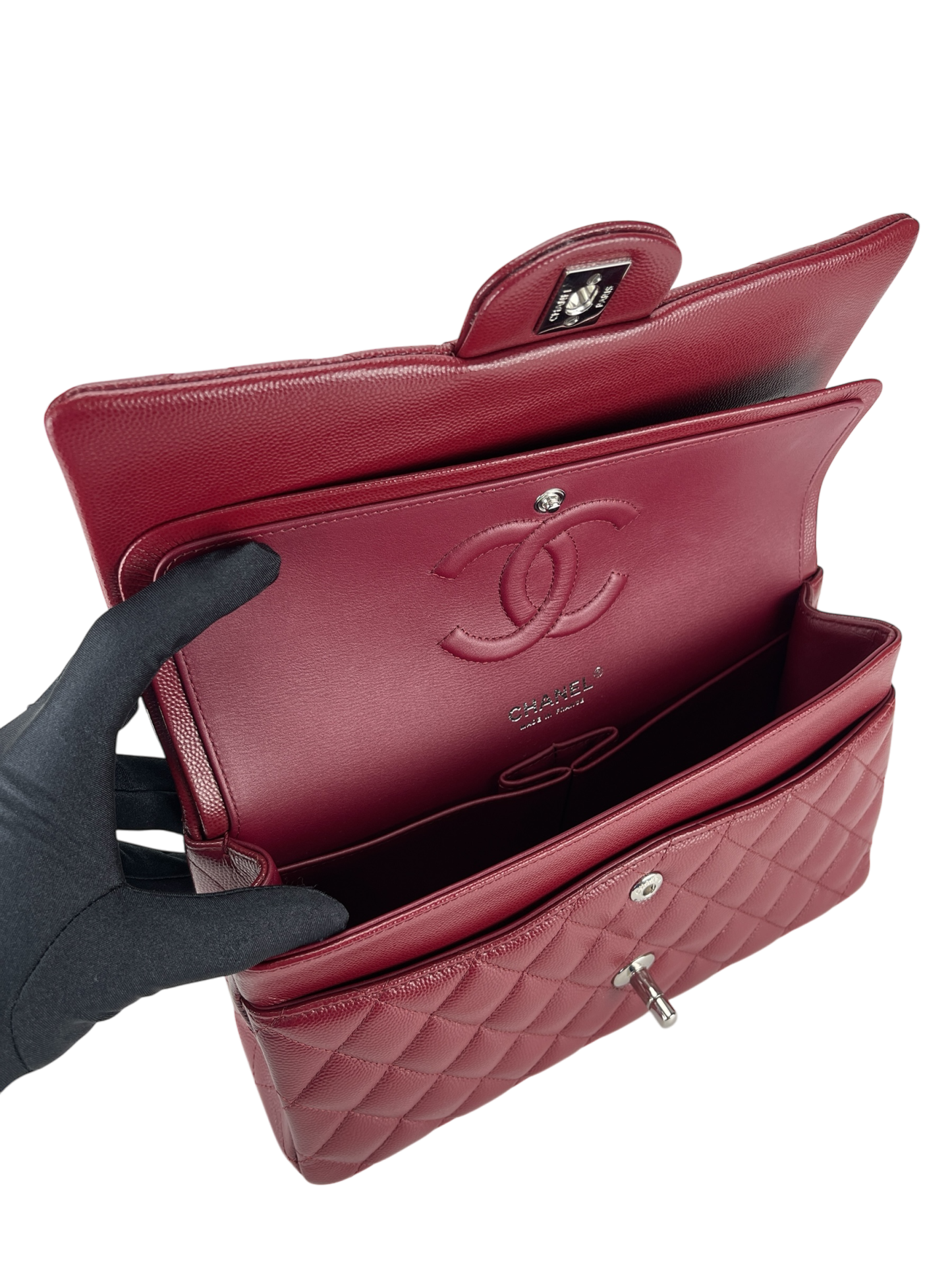 CHANEL - Medium Classic Double Flap Bag Red Caviar Sliver Hardware (CF25)