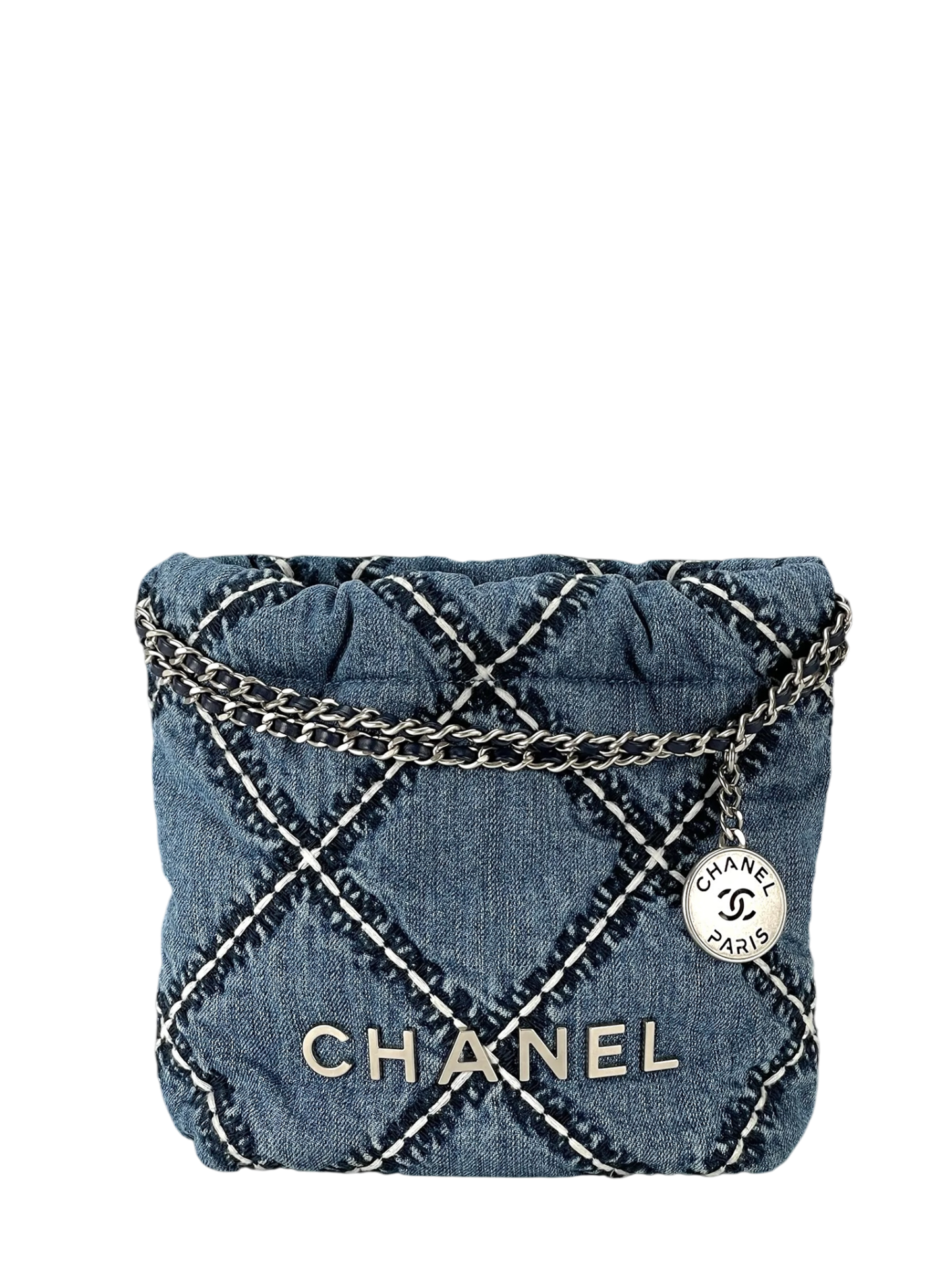 CHANEL - 22 Mini Bag Blue Stitched Denim Silver Hardware