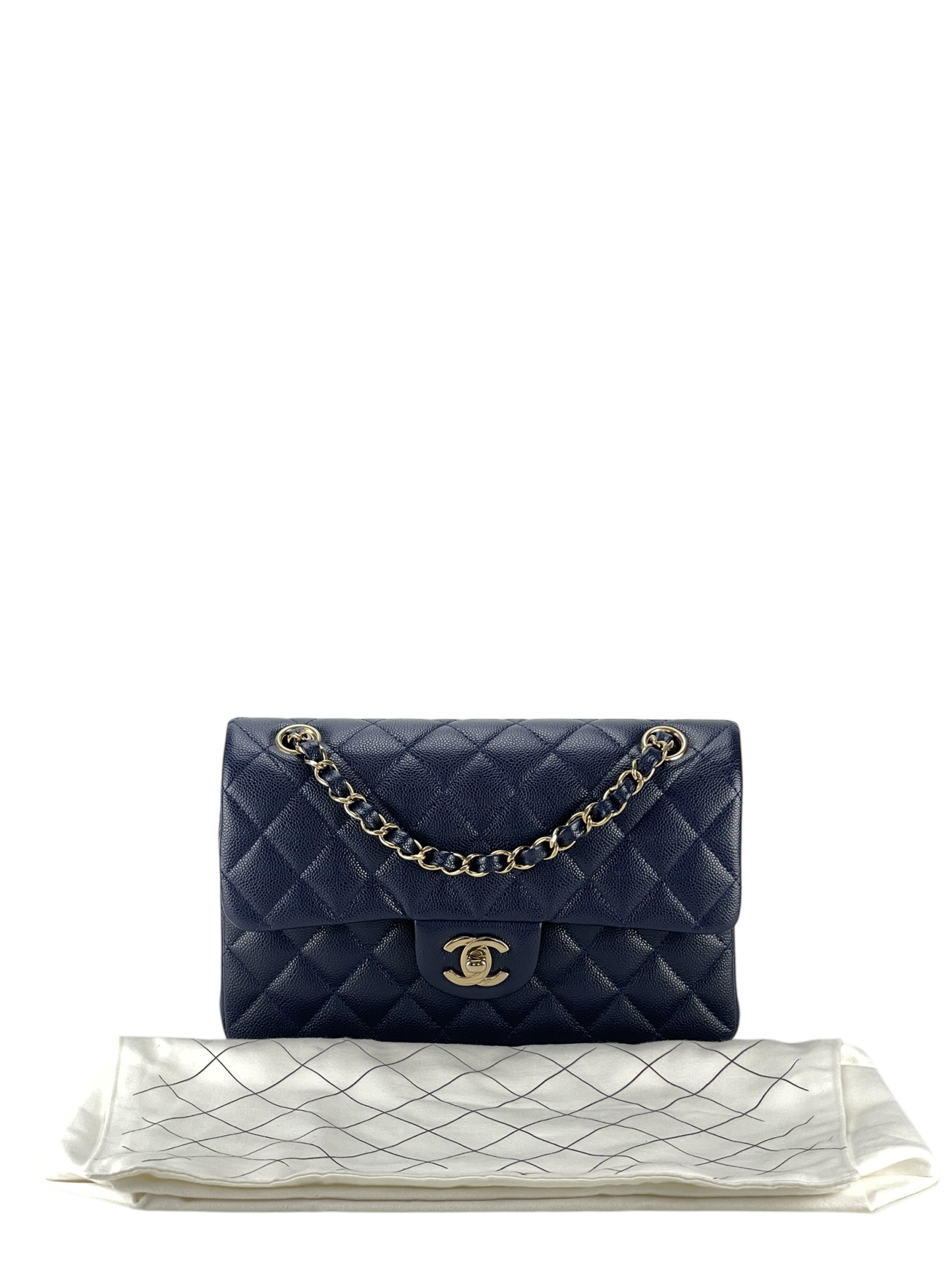 CHANEL - Small Classic Double Flap Bag Navy Caviar Gold Hardware (CF23)