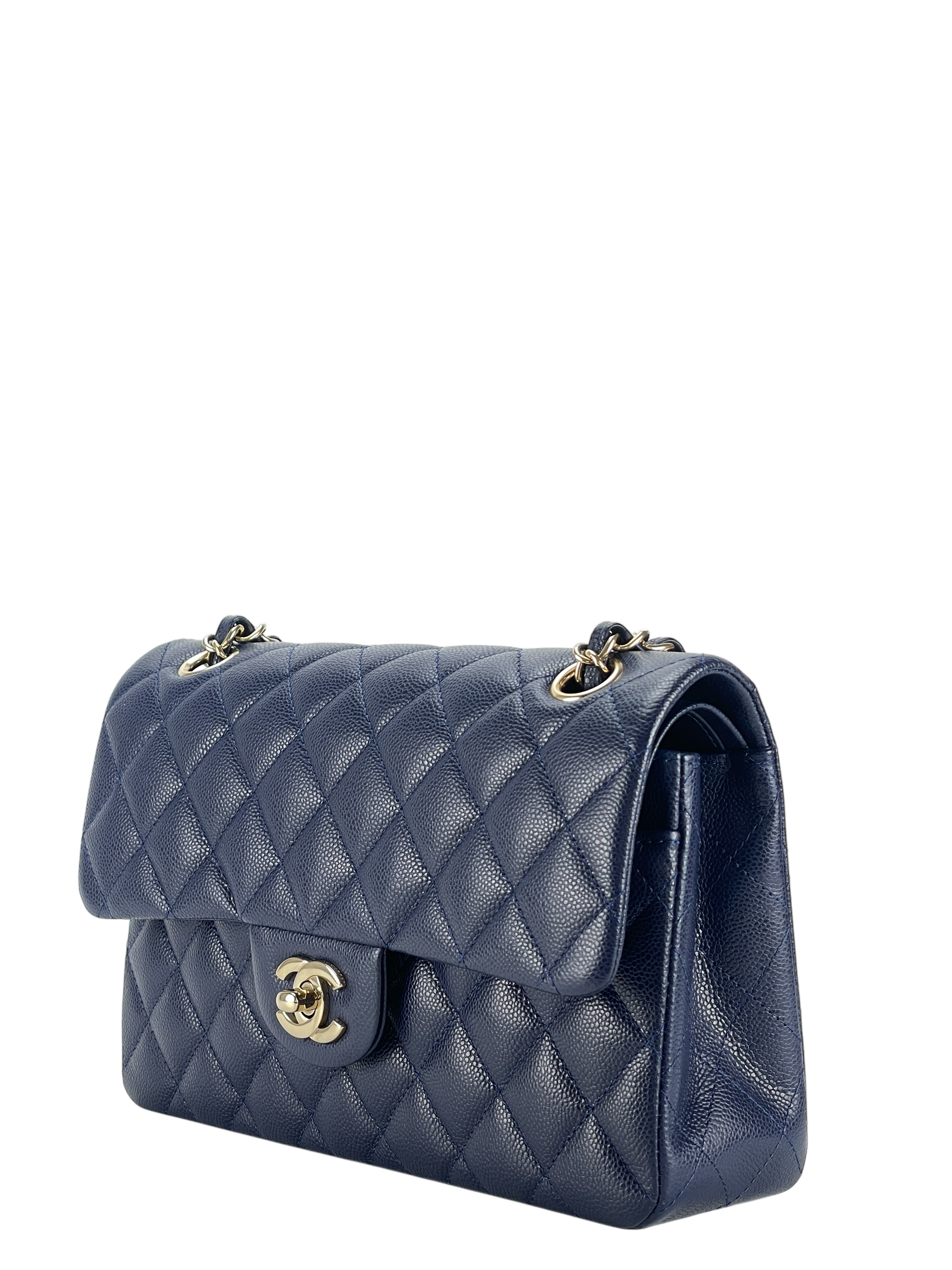 CHANEL - Small Classic Double Flap Bag Navy Caviar Gold Hardware (CF23)