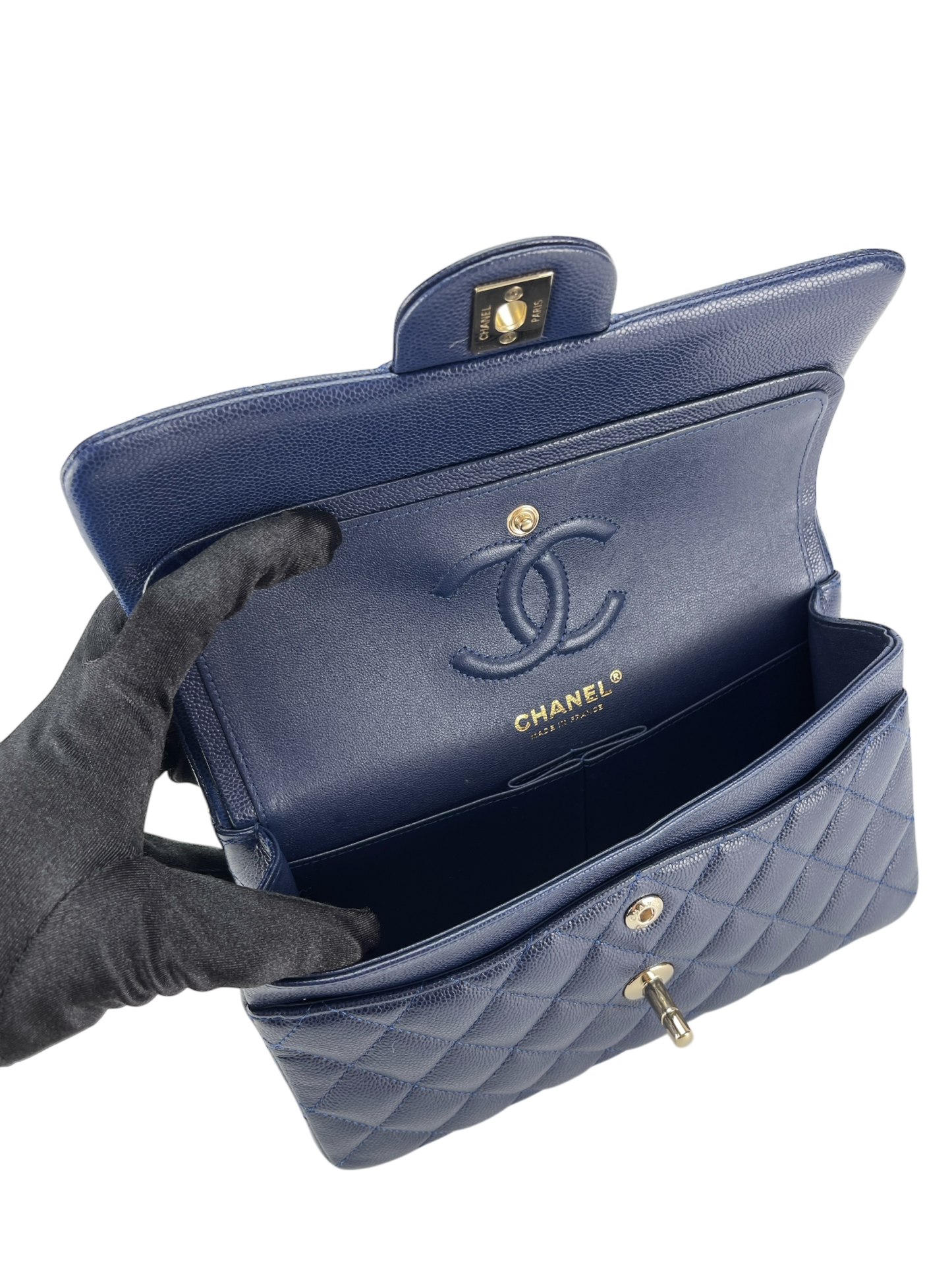 CHANEL - Small Classic Double Flap Bag Navy Caviar Gold Hardware (CF23)