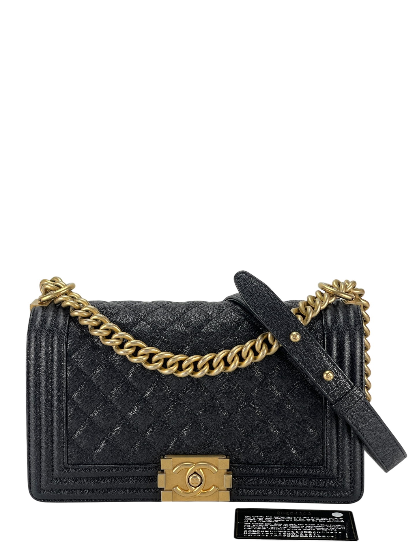 CHANEL - Navy Caviar Quilted Medium Boy Flap Black Gold Hardware