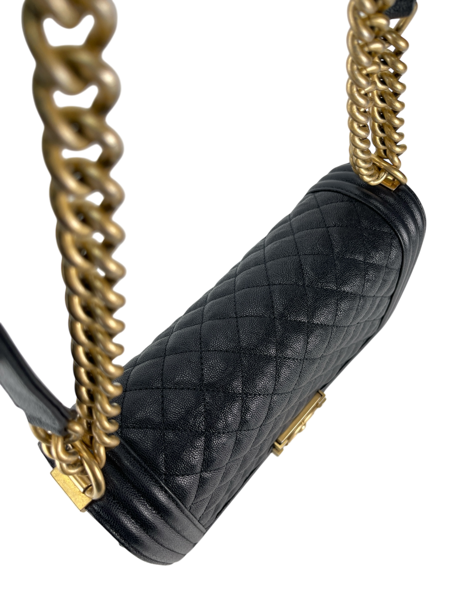 CHANEL - Navy Caviar Quilted Medium Boy Flap Black Gold Hardware