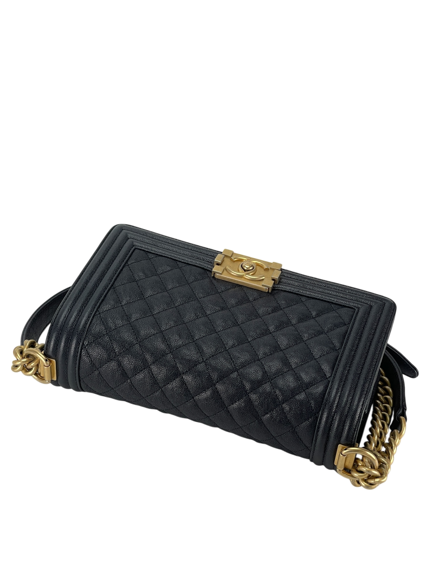 CHANEL - Navy Caviar Quilted Medium Boy Flap Black Gold Hardware