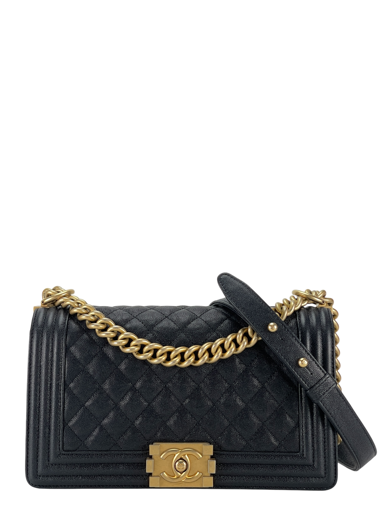 CHANEL - Navy Caviar Quilted Medium Boy Flap Black Gold Hardware