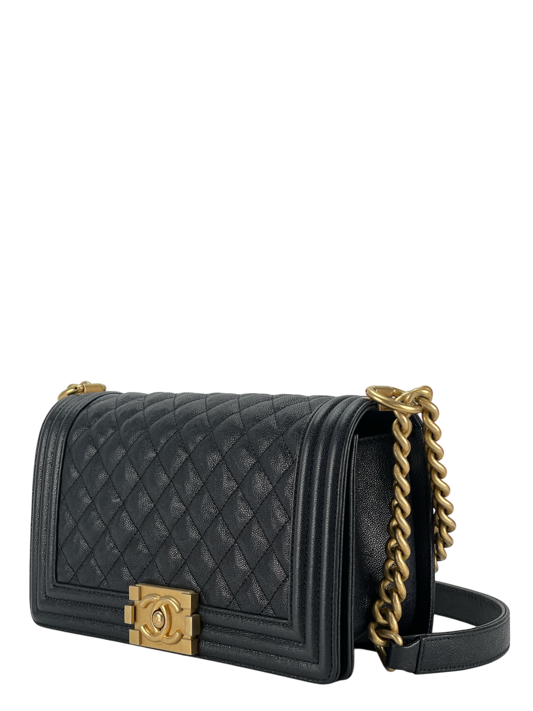 CHANEL - Navy Caviar Quilted Medium Boy Flap Black Gold Hardware
