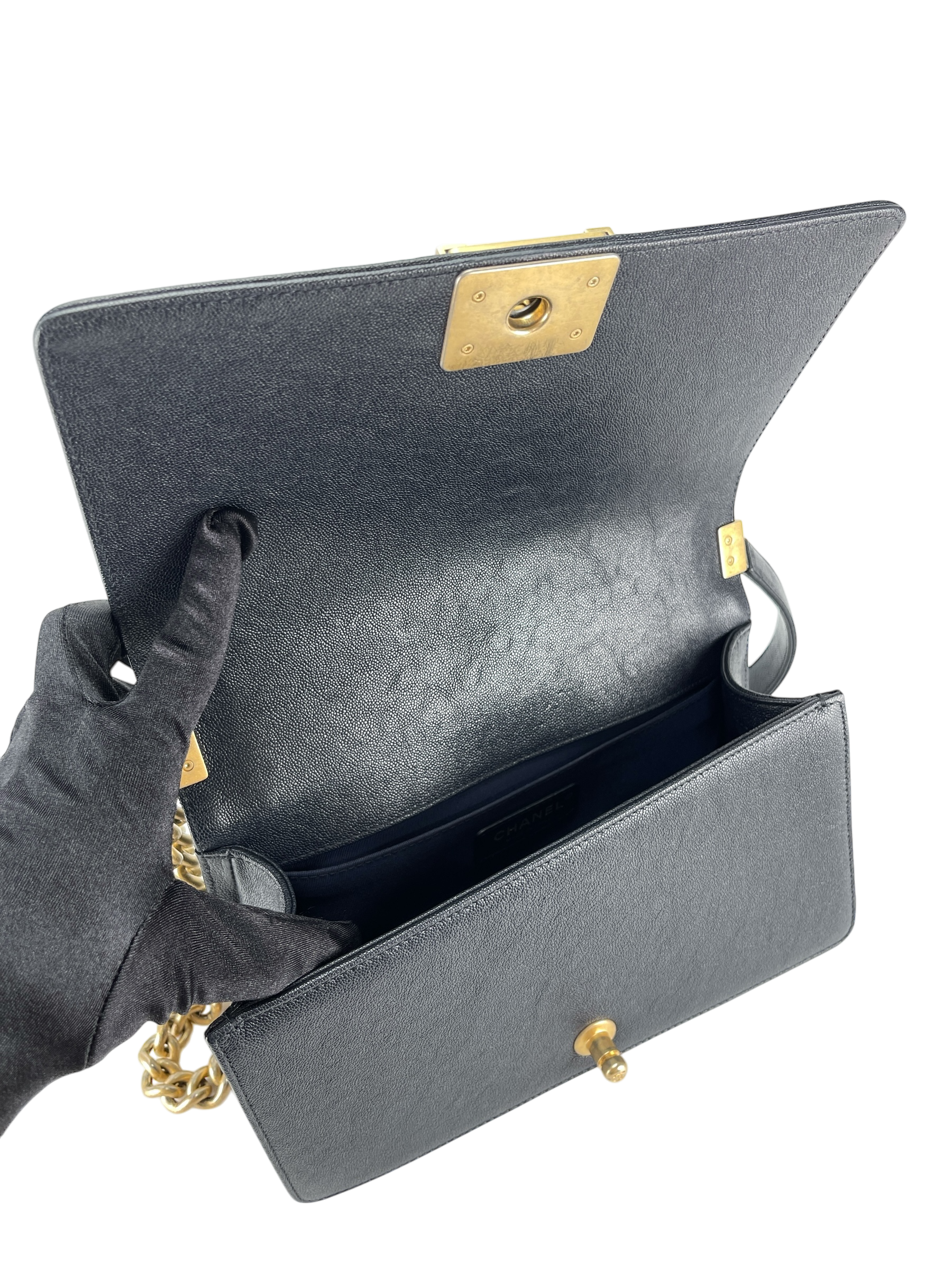 CHANEL - Navy Caviar Quilted Medium Boy Flap Black Gold Hardware