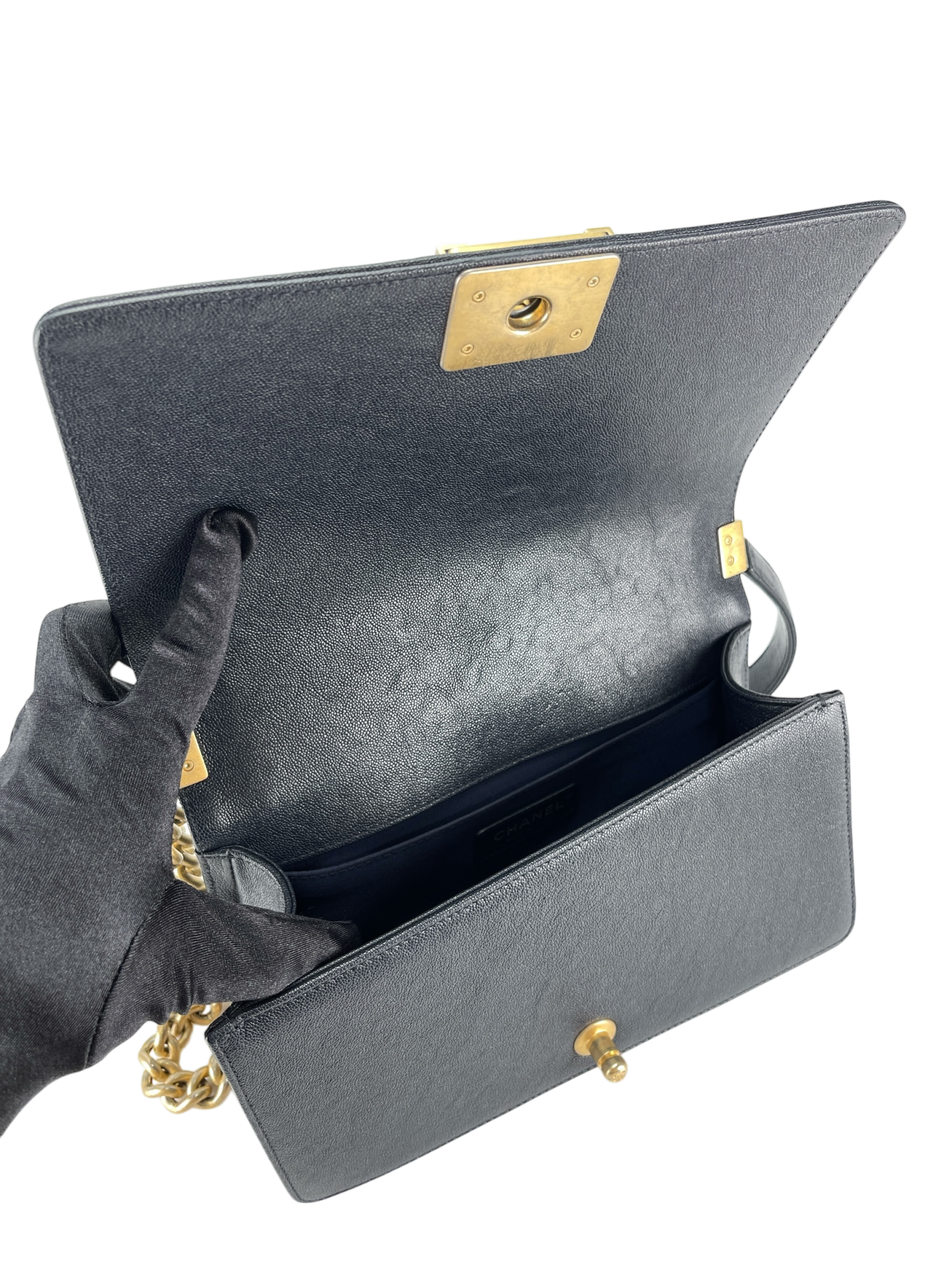 CHANEL - Navy Caviar Quilted Medium Boy Flap Black Gold Hardware