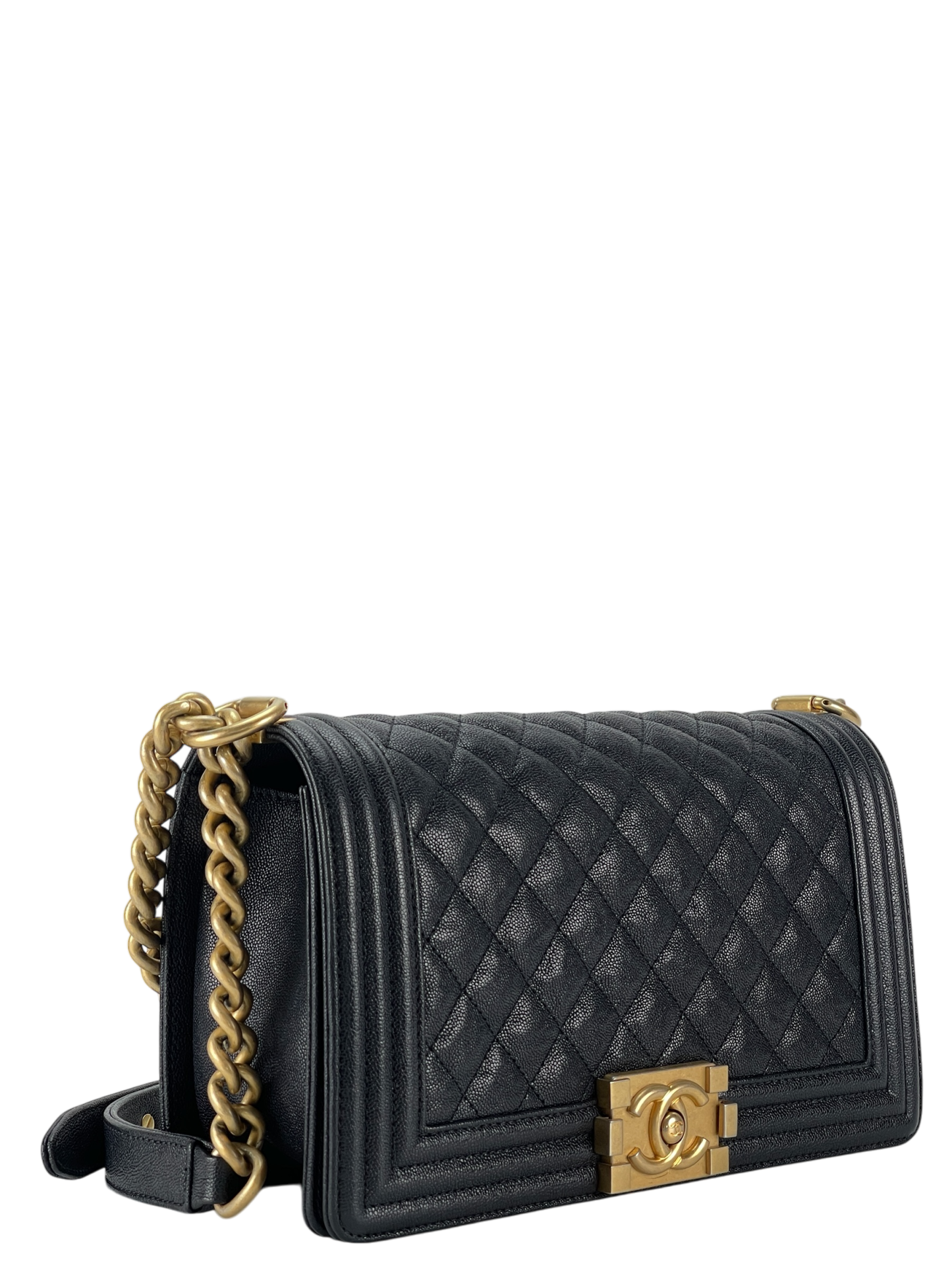 CHANEL - Navy Caviar Quilted Medium Boy Flap Black Gold Hardware
