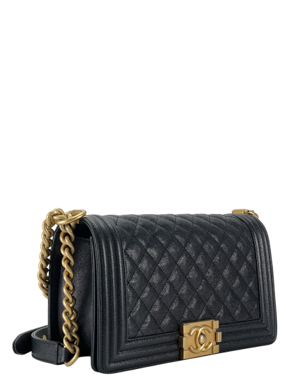 CHANEL - Navy Caviar Quilted Medium Boy Flap Black Gold Hardware