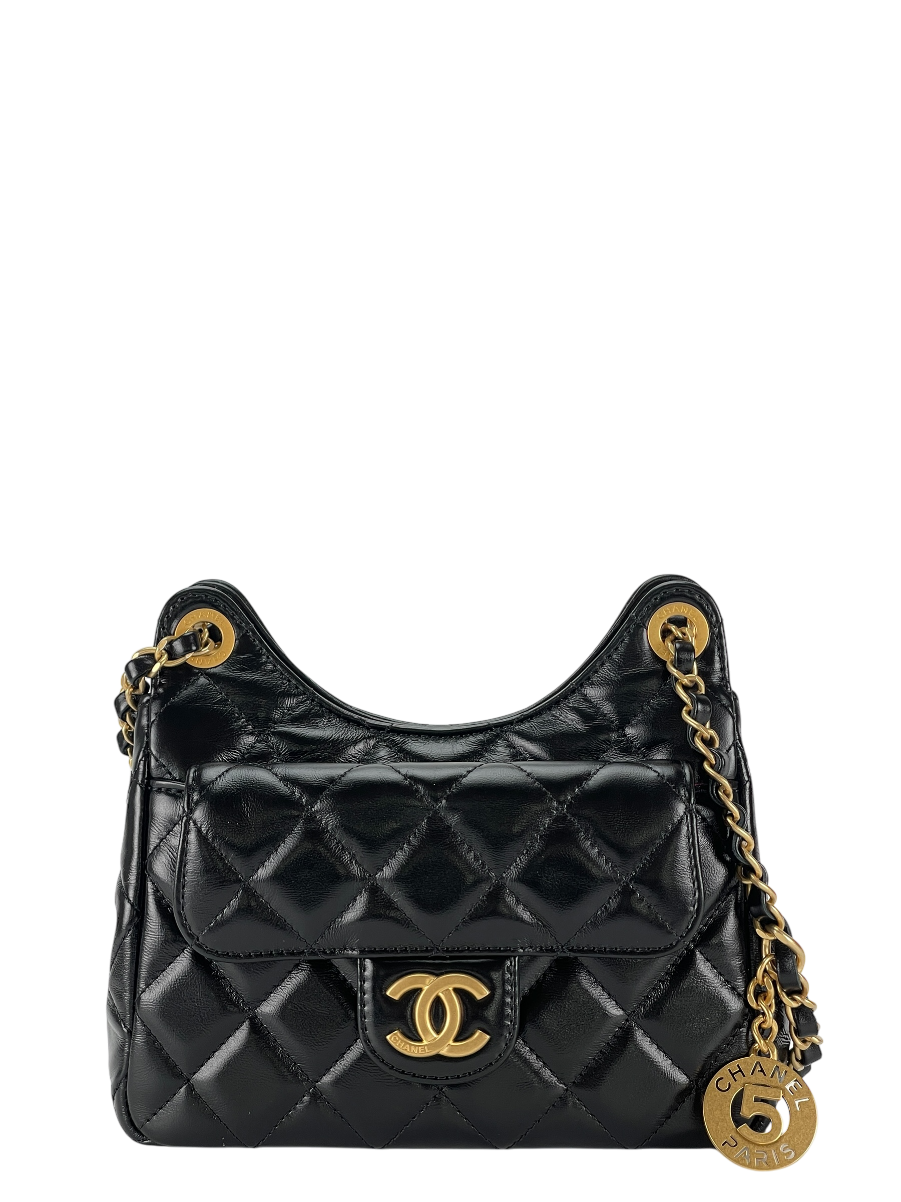 CHANEL -  25S Small Hobo Bag Black Shiny Calfskin Antique Gold Hardware