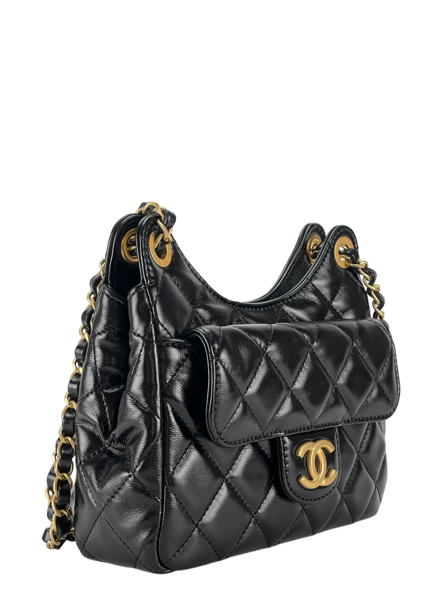 CHANEL -  25S Small Hobo Bag Black Shiny Calfskin Antique Gold Hardware