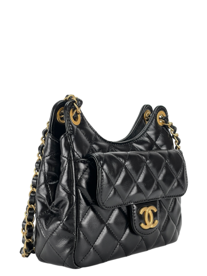 CHANEL -  25S Small Hobo Bag Black Shiny Calfskin Antique Gold Hardware