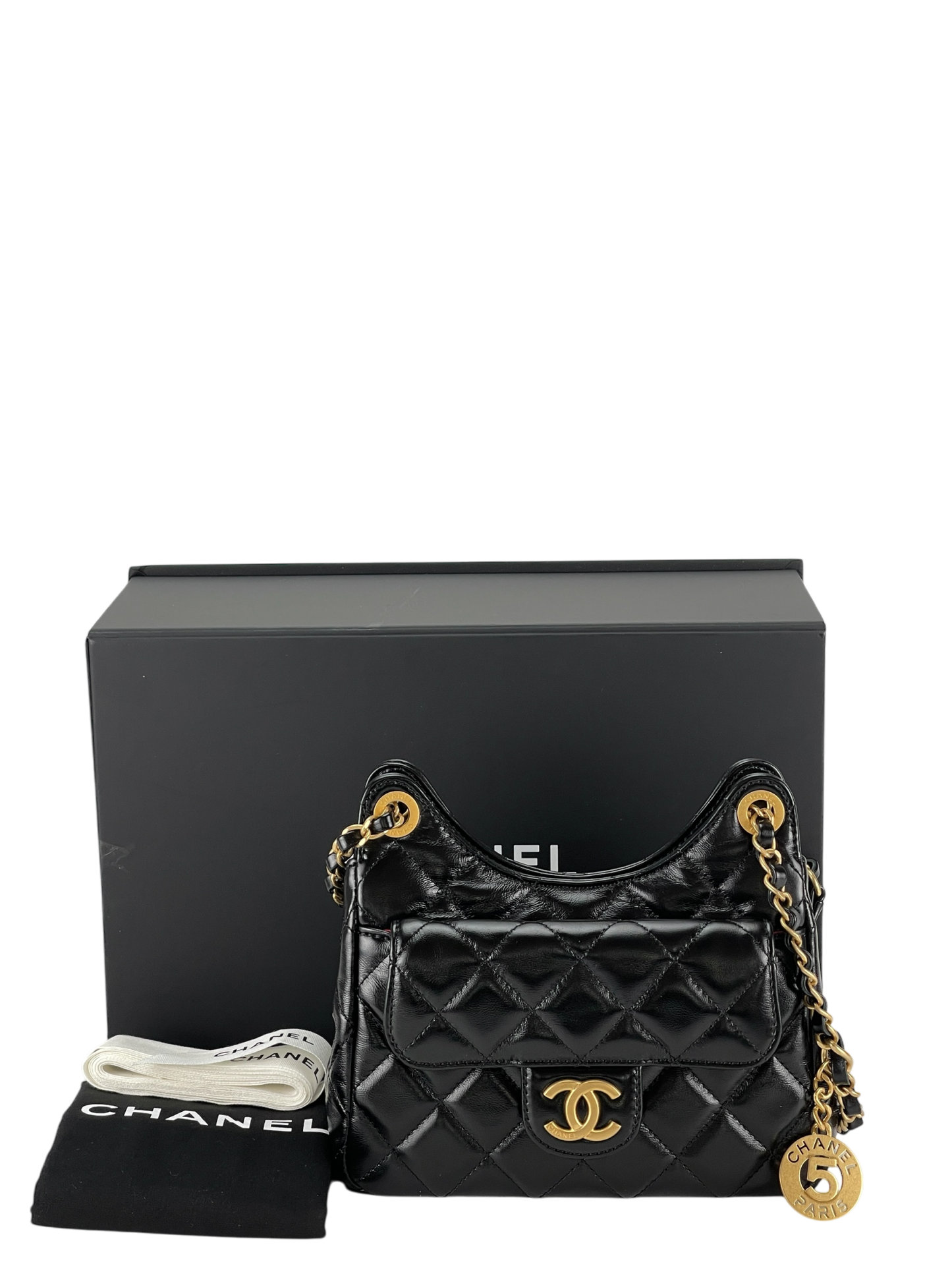 CHANEL -  25S Small Hobo Bag Black Shiny Calfskin Antique Gold Hardware