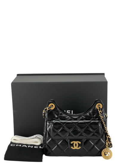 CHANEL -  25S Small Hobo Bag Black Shiny Calfskin Antique Gold Hardware