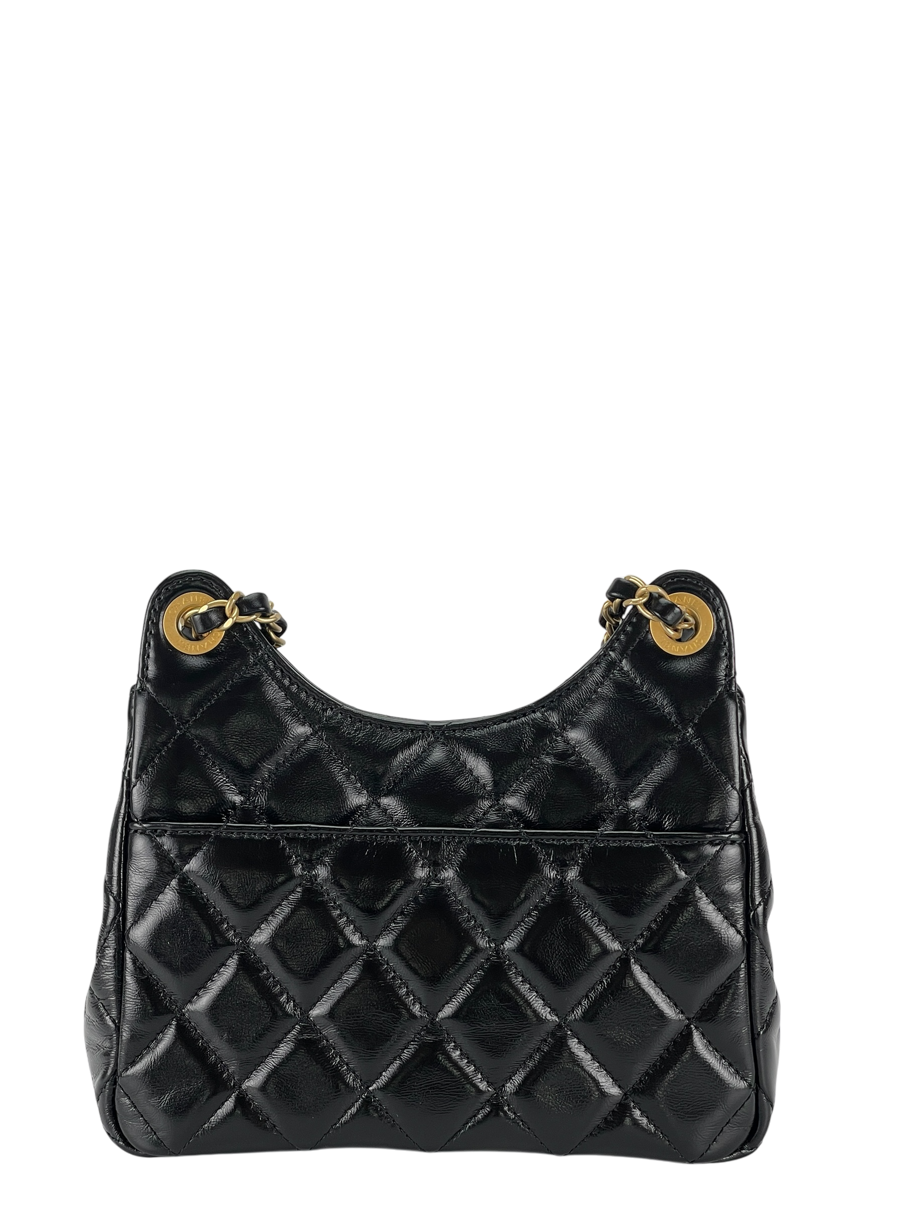 CHANEL -  25S Small Hobo Bag Black Shiny Calfskin Antique Gold Hardware