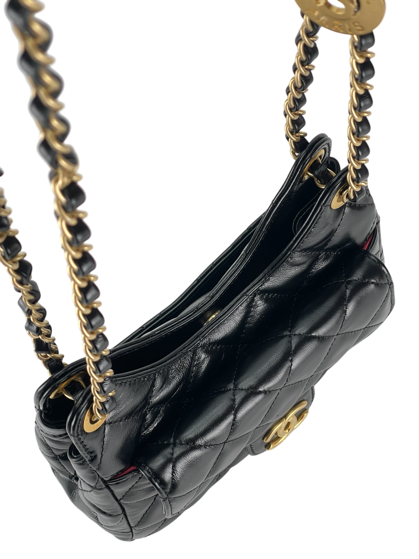 CHANEL -  25S Small Hobo Bag Black Shiny Calfskin Antique Gold Hardware