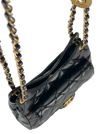 CHANEL -  25S Small Hobo Bag Black Shiny Calfskin Antique Gold Hardware