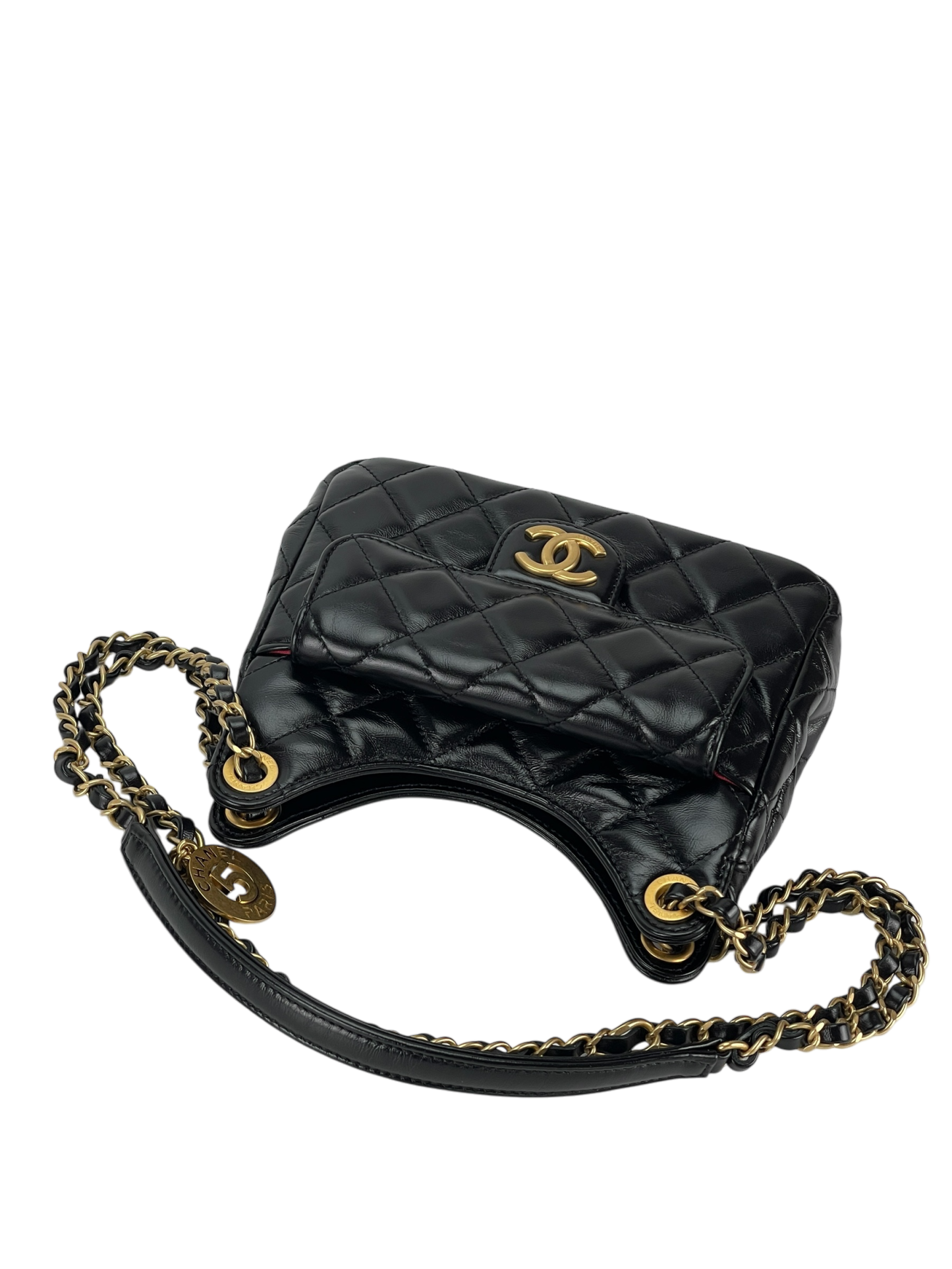 CHANEL -  25S Small Hobo Bag Black Shiny Calfskin Antique Gold Hardware