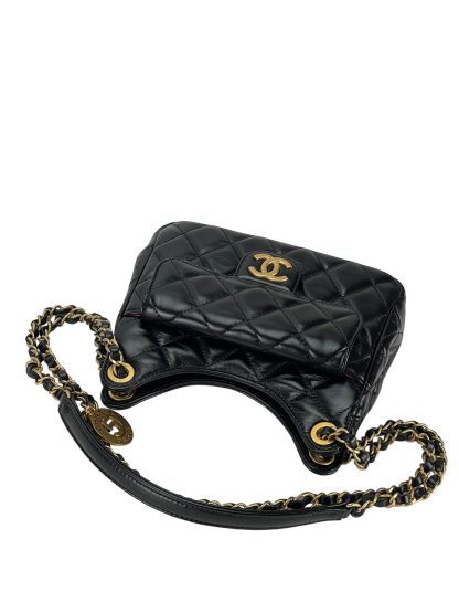 CHANEL -  25S Small Hobo Bag Black Shiny Calfskin Antique Gold Hardware