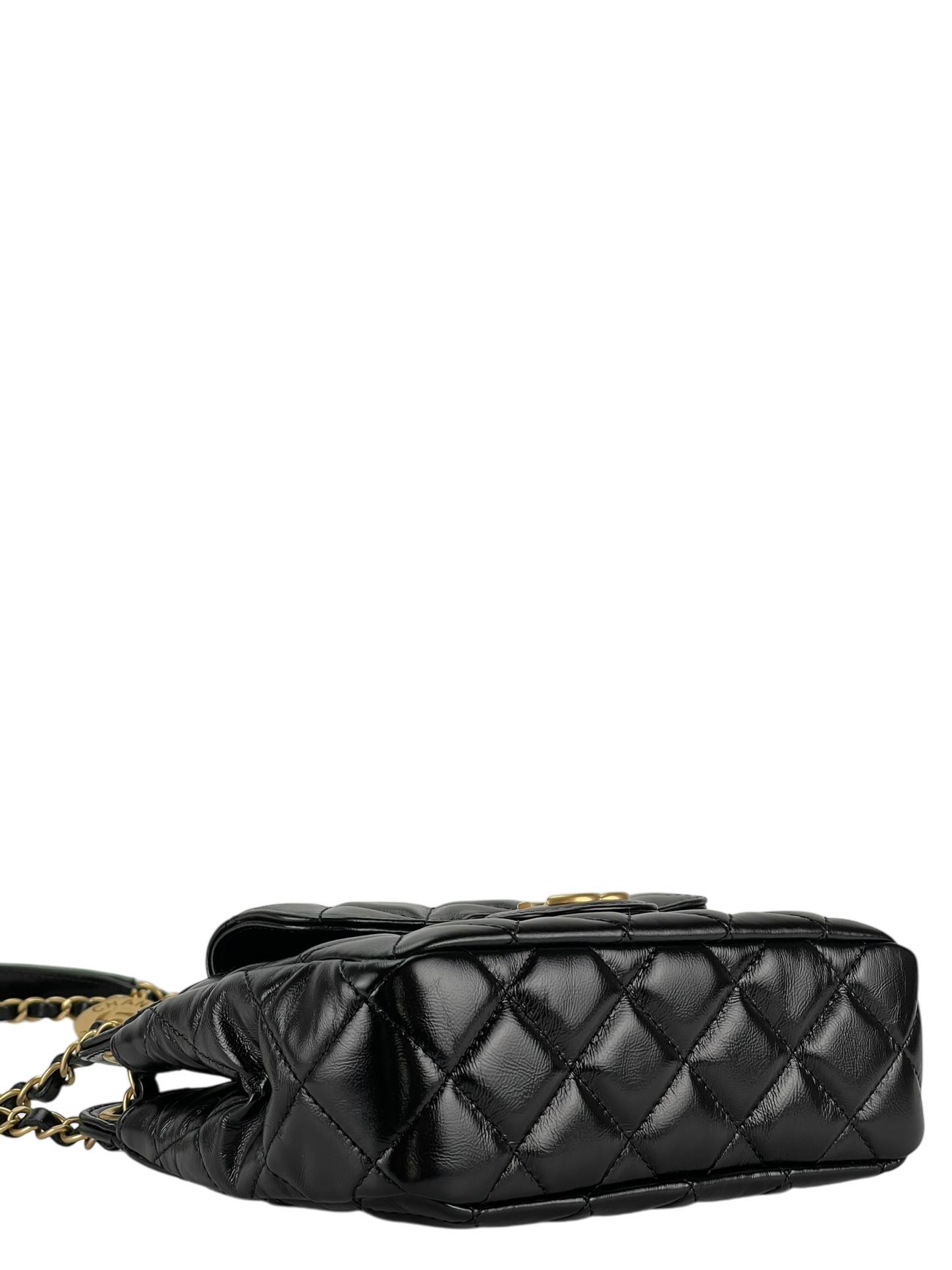 CHANEL -  25S Small Hobo Bag Black Shiny Calfskin Antique Gold Hardware