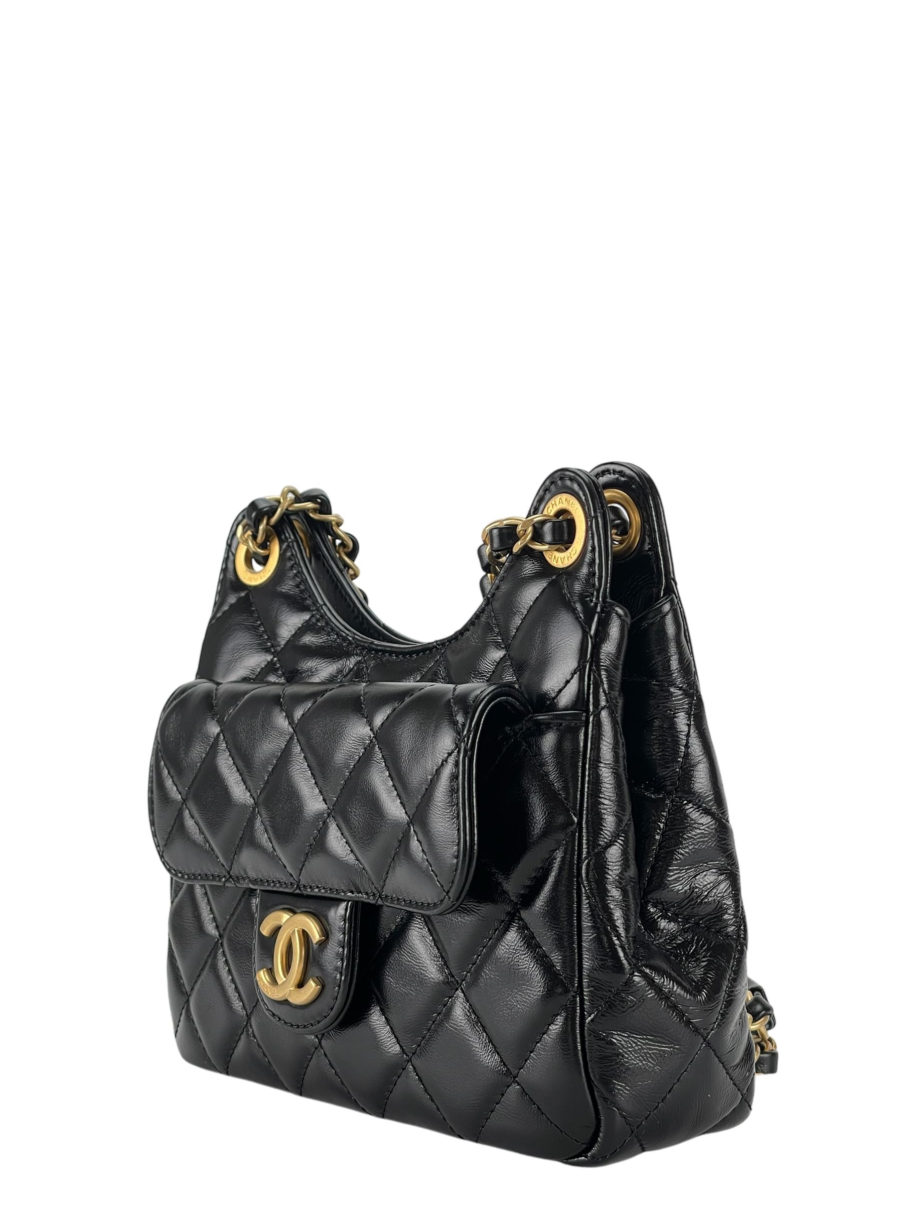 CHANEL -  25S Small Hobo Bag Black Shiny Calfskin Antique Gold Hardware