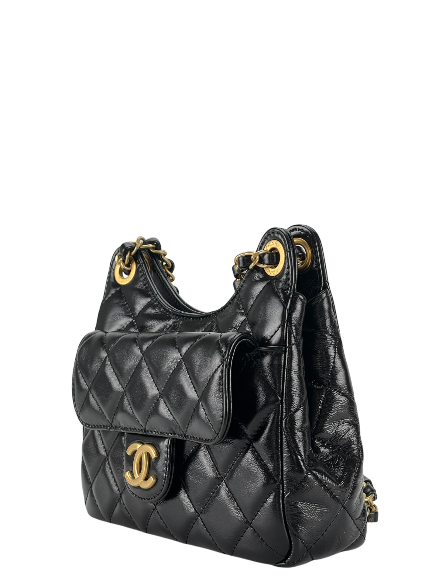 CHANEL -  25S Small Hobo Bag Black Shiny Calfskin Antique Gold Hardware
