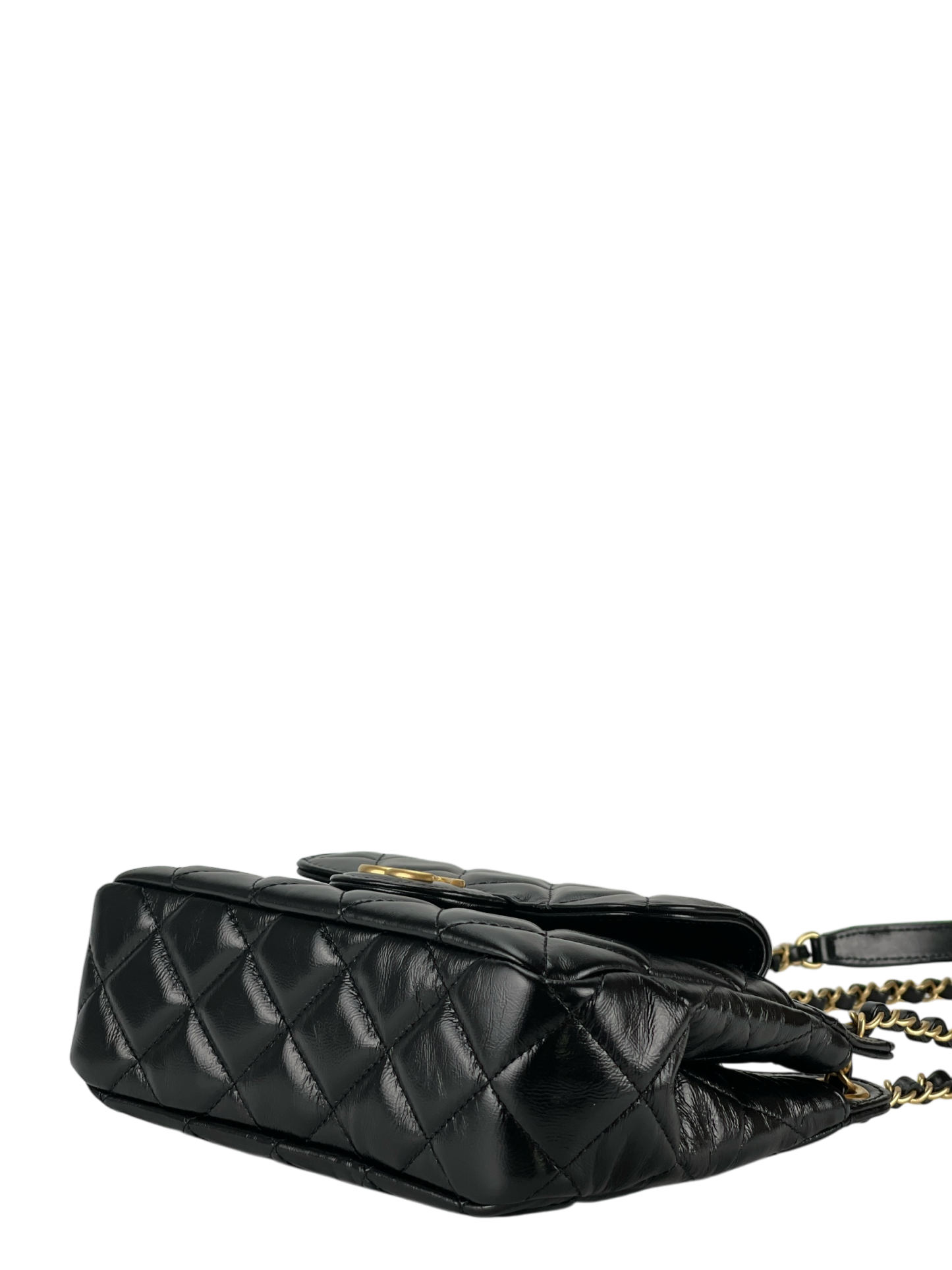 CHANEL -  25S Small Hobo Bag Black Shiny Calfskin Antique Gold Hardware